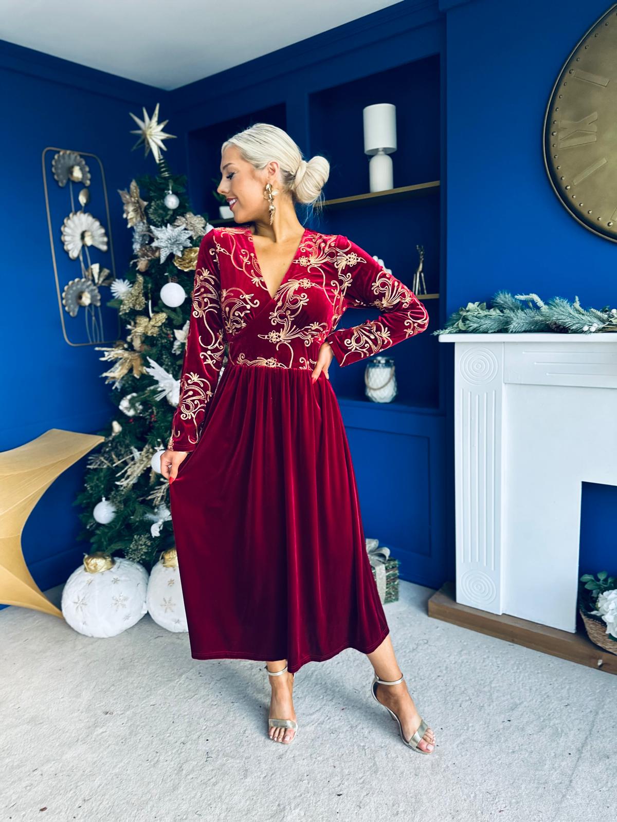 Alice Embroidered Velvet Midi Dress In Wine