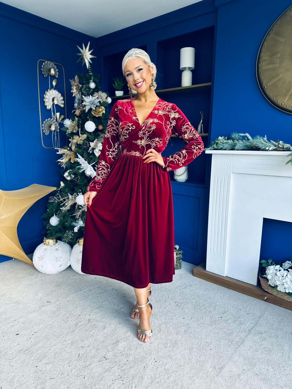 Alice Embroidered Velvet Midi Dress In Wine