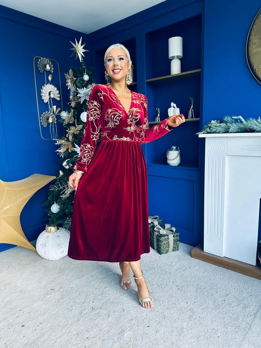 Alice Embroidered Velvet Midi Dress In Wine