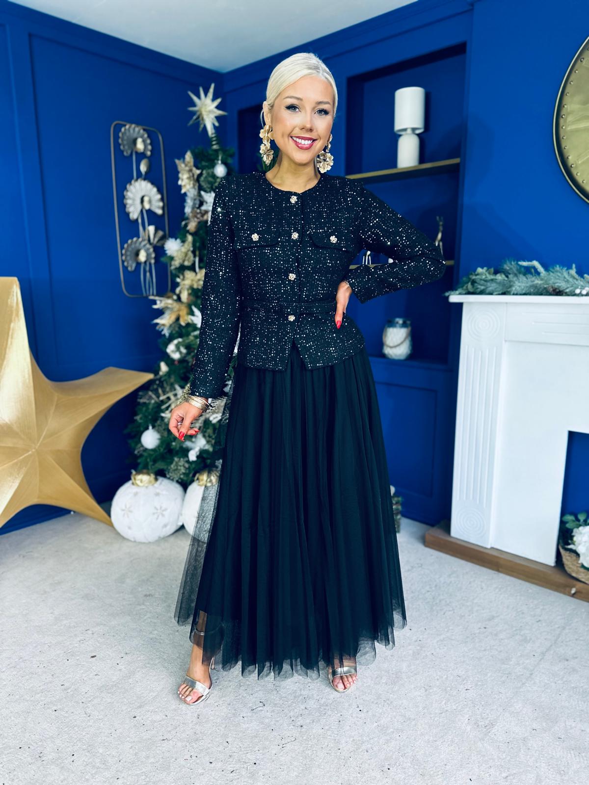 Elizabeth Tweed With Sequin Jacket Black PRE ORDER Arriving 11 Dec