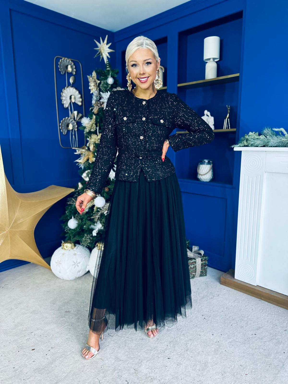 Elizabeth Tweed With Sequin Jacket Black PRE ORDER Arriving 11 Dec