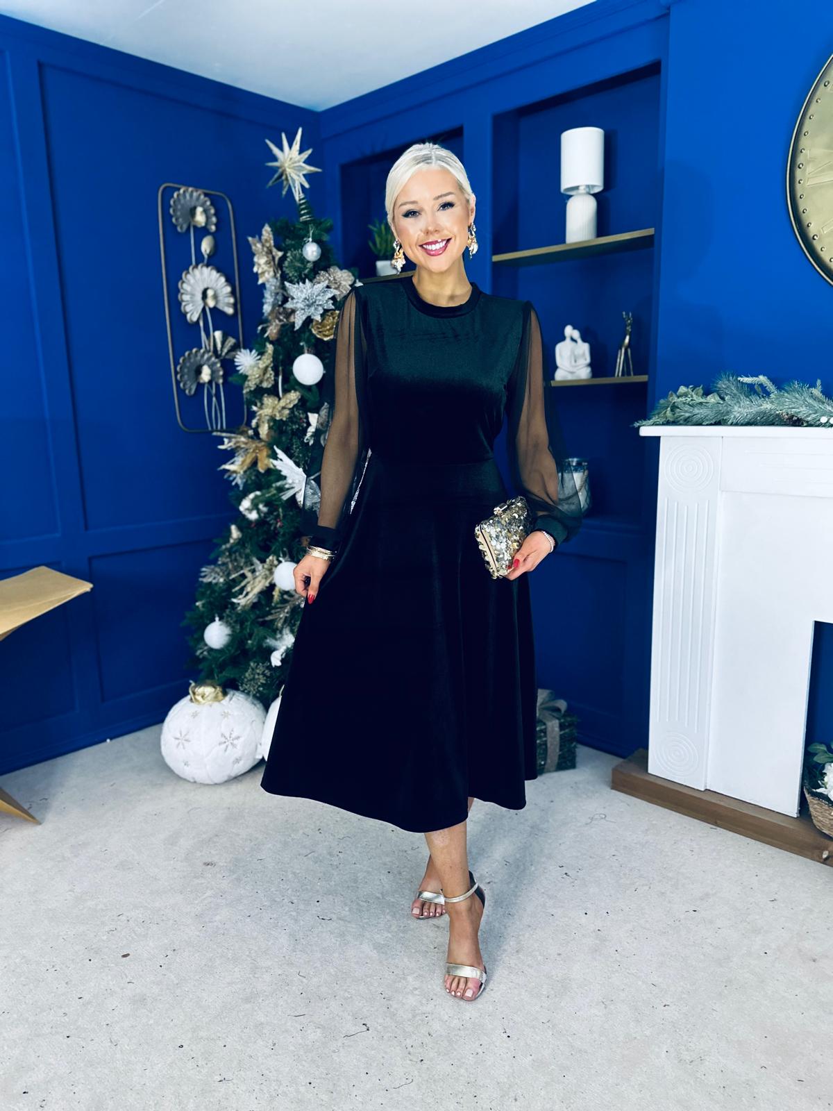 Ruth Sheer Sleeve Velvet Midi Dress Black