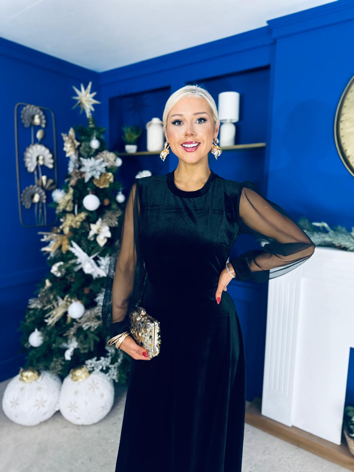 Ruth Sheer Sleeve Velvet Midi Dress Black