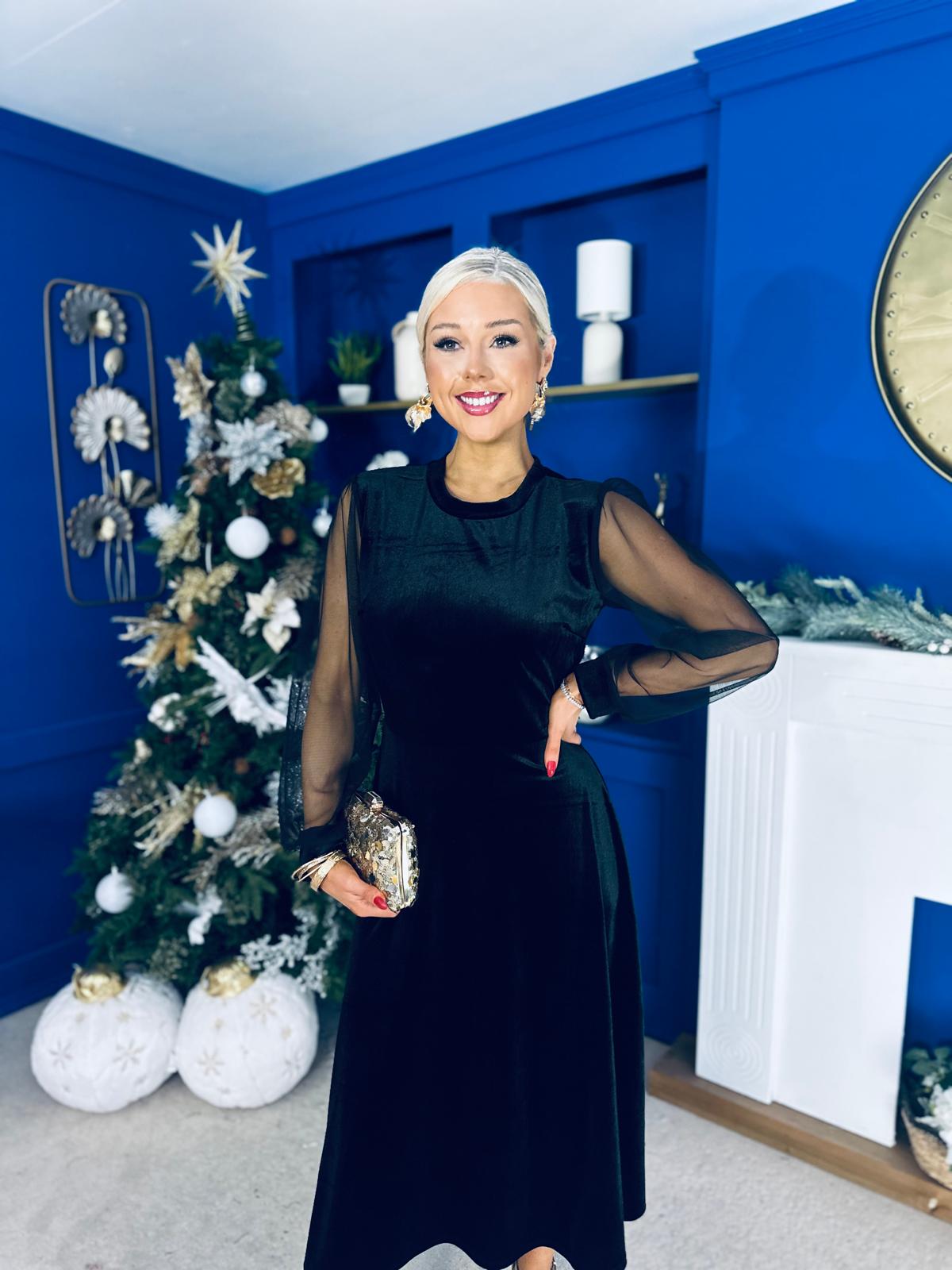 Ruth Sheer Sleeve Velvet Midi Dress Black