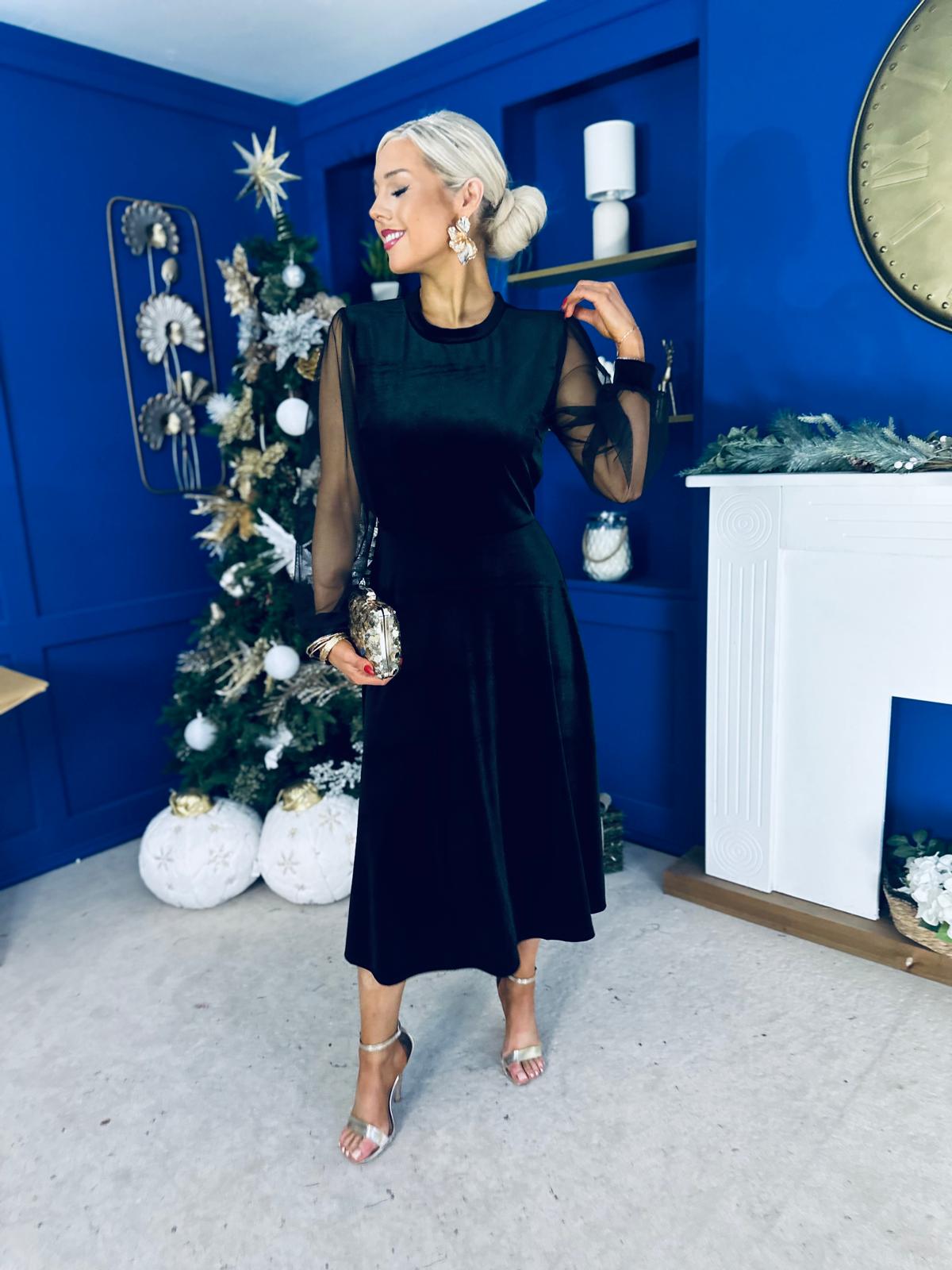 Ruth Sheer Sleeve Velvet Midi Dress Black