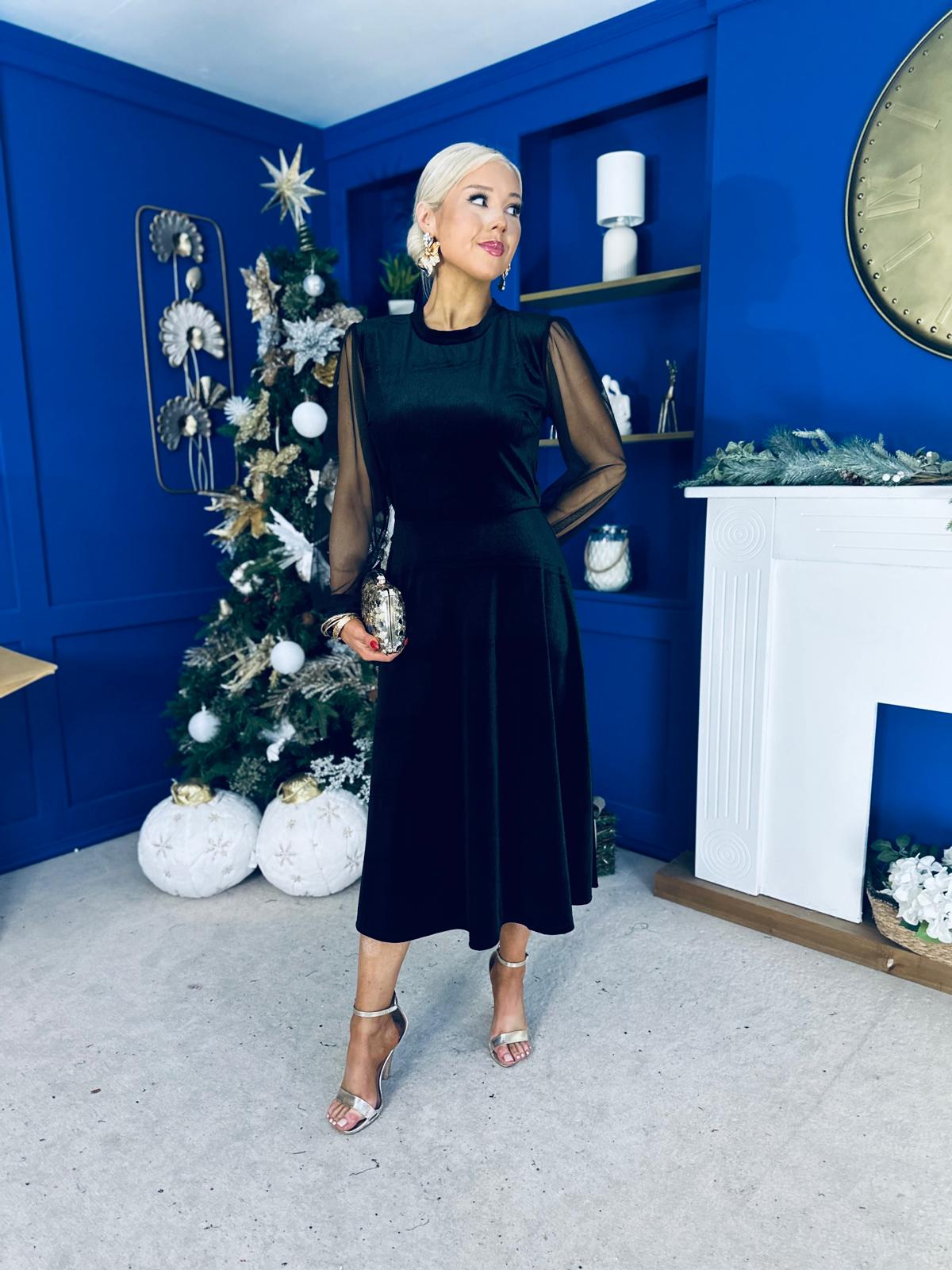 Ruth Sheer Sleeve Velvet Midi Dress Black