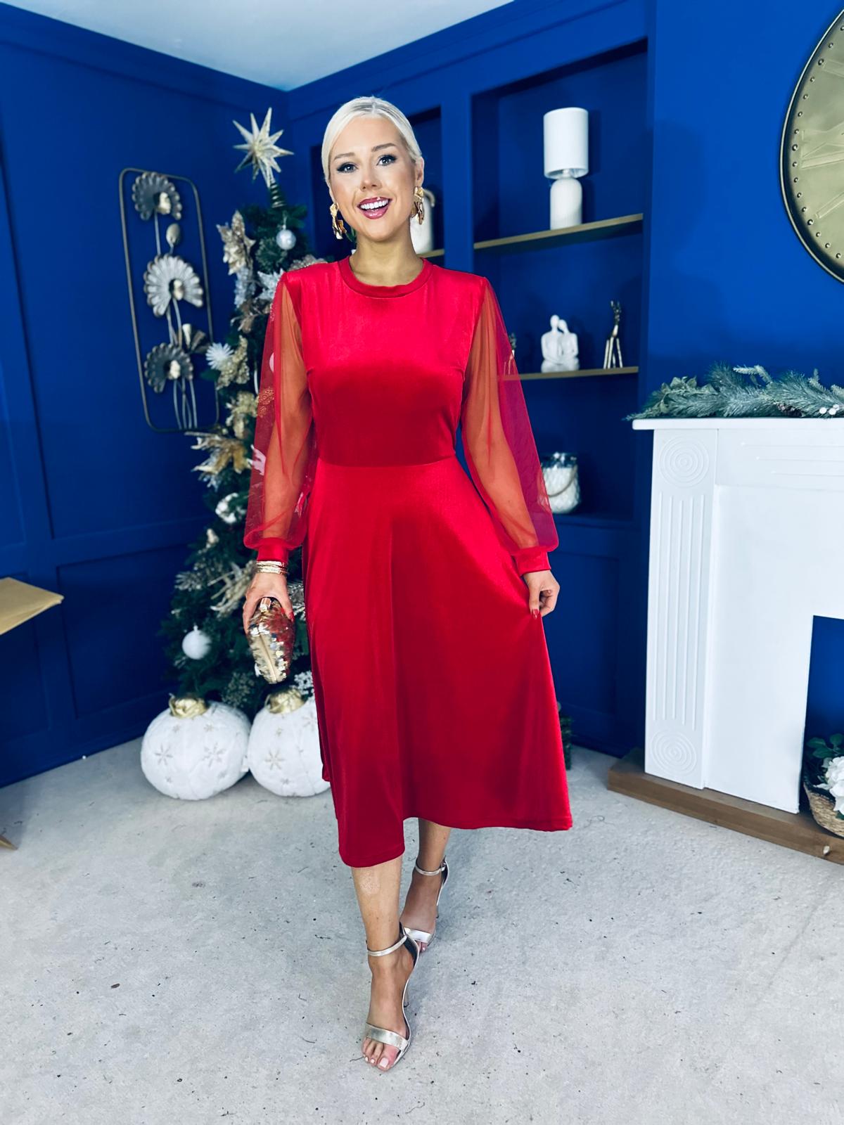 Ruth Sheer Sleeve Velvet Midi Dress Red