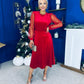 Ruth Sheer Sleeve Velvet Midi Dress Red