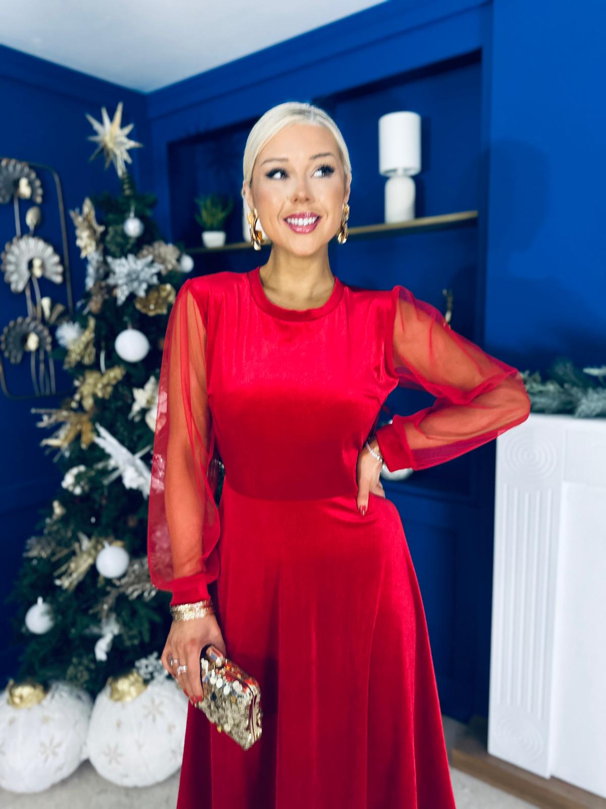 Ruth Sheer Sleeve Velvet Midi Dress Red