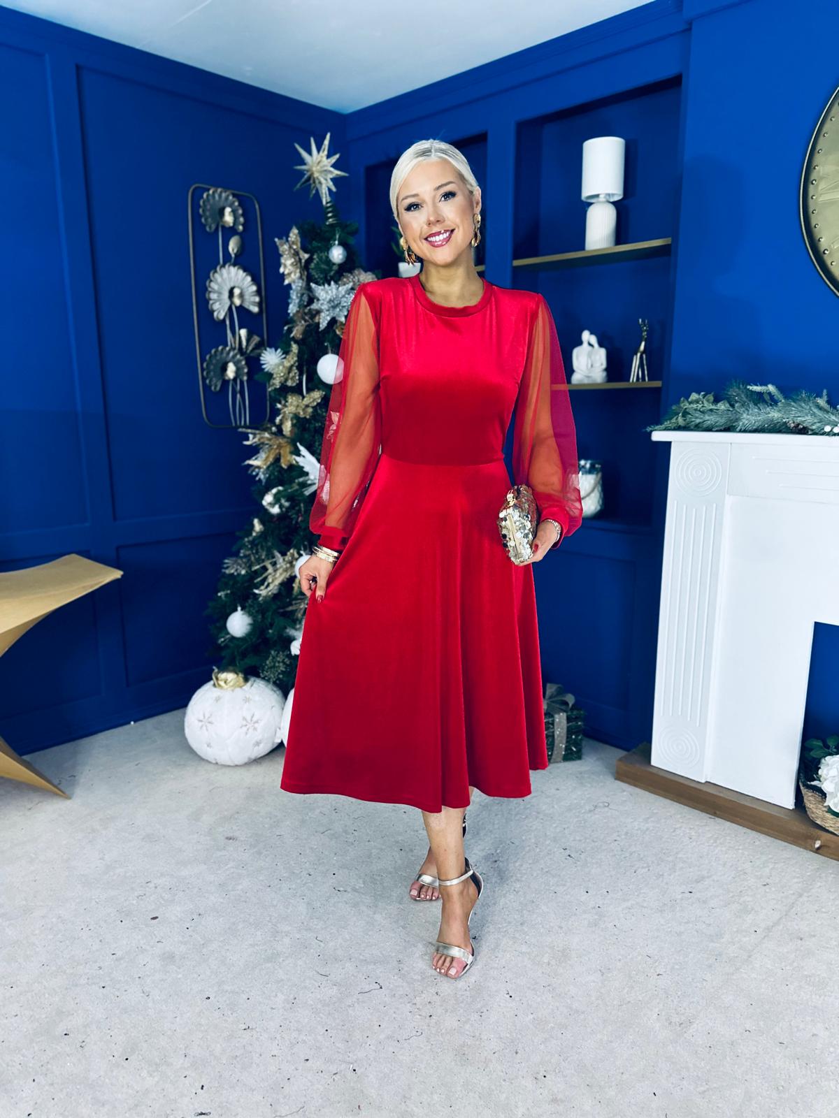 Ruth Sheer Sleeve Velvet Midi Dress Red