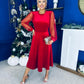 Ruth Sheer Sleeve Velvet Midi Dress Red