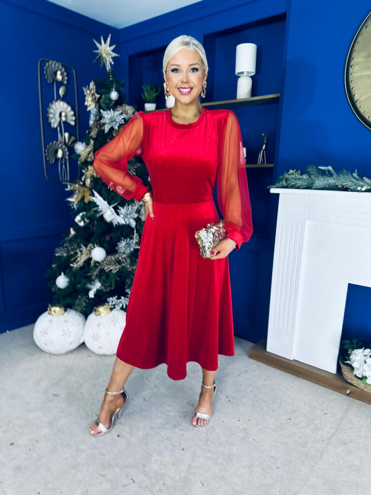 Ruth Sheer Sleeve Velvet Midi Dress Red