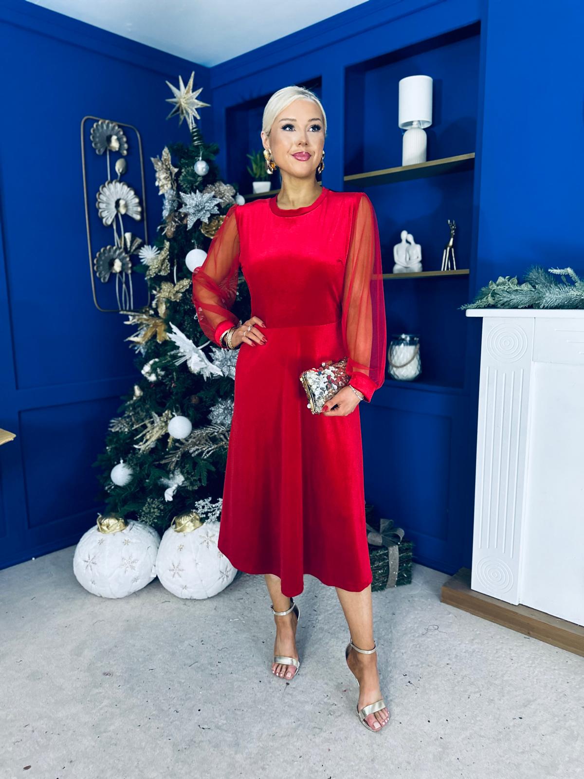 Ruth Sheer Sleeve Velvet Midi Dress Red