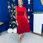 Ruth Sheer Sleeve Velvet Midi Dress Red