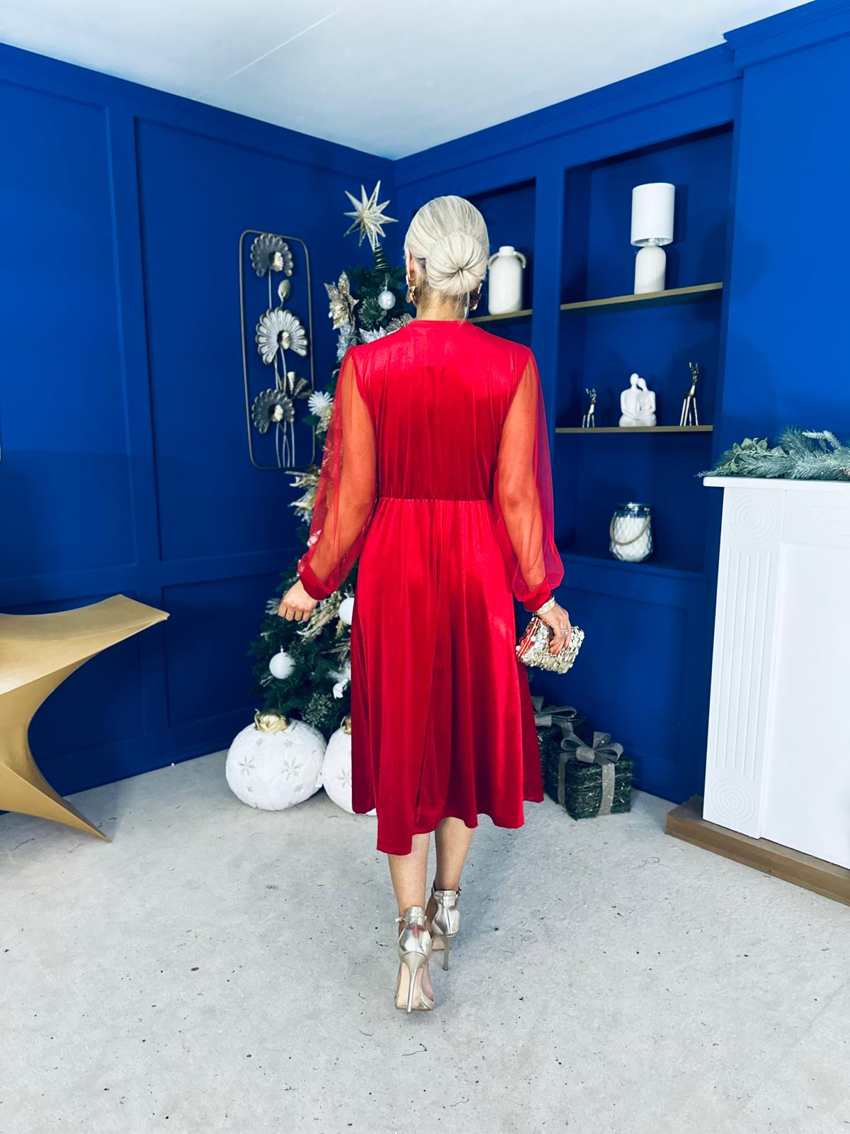 Ruth Sheer Sleeve Velvet Midi Dress Red