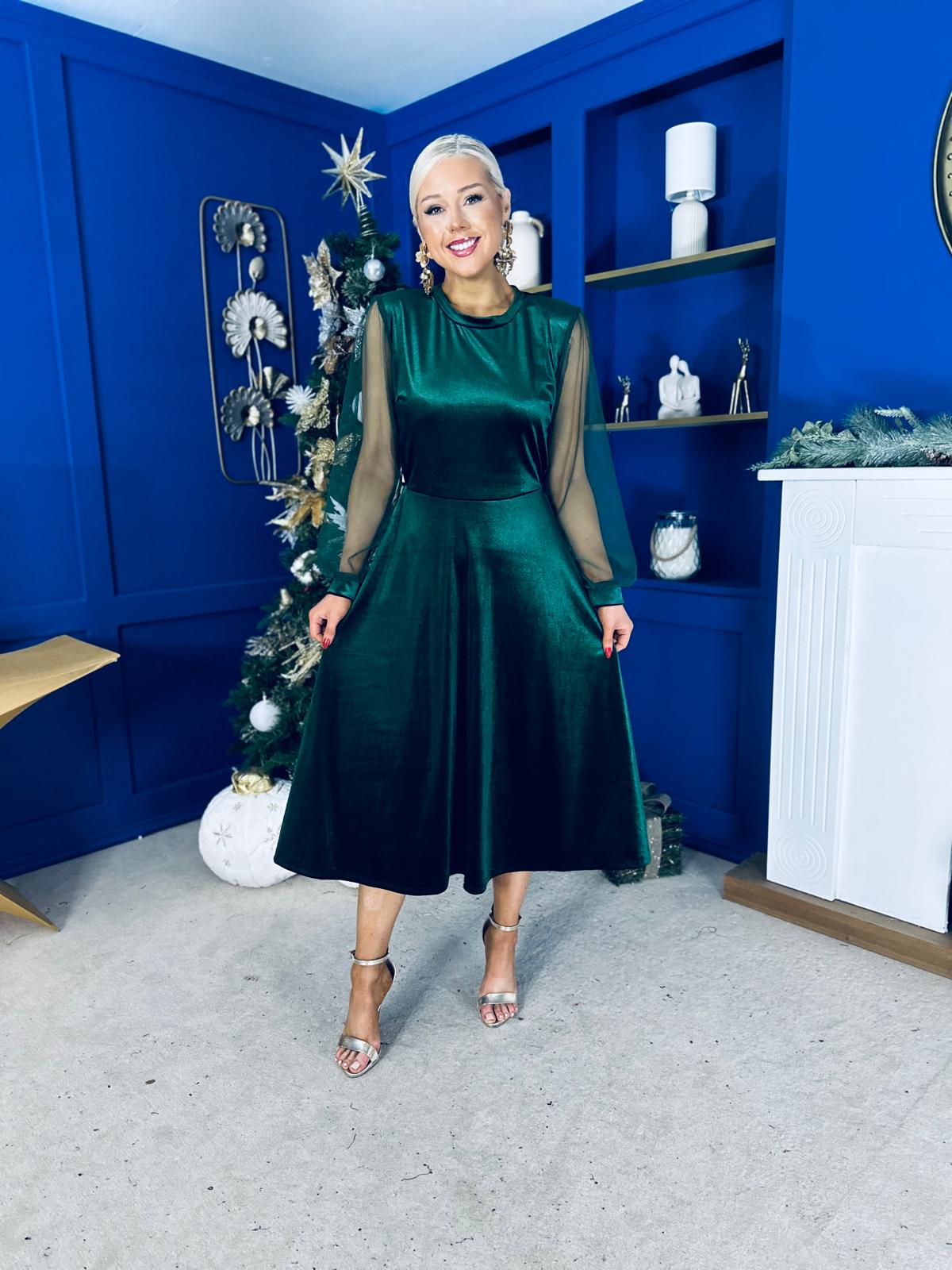 Ruth Sheer Sleeve Velvet Midi Dress Forest