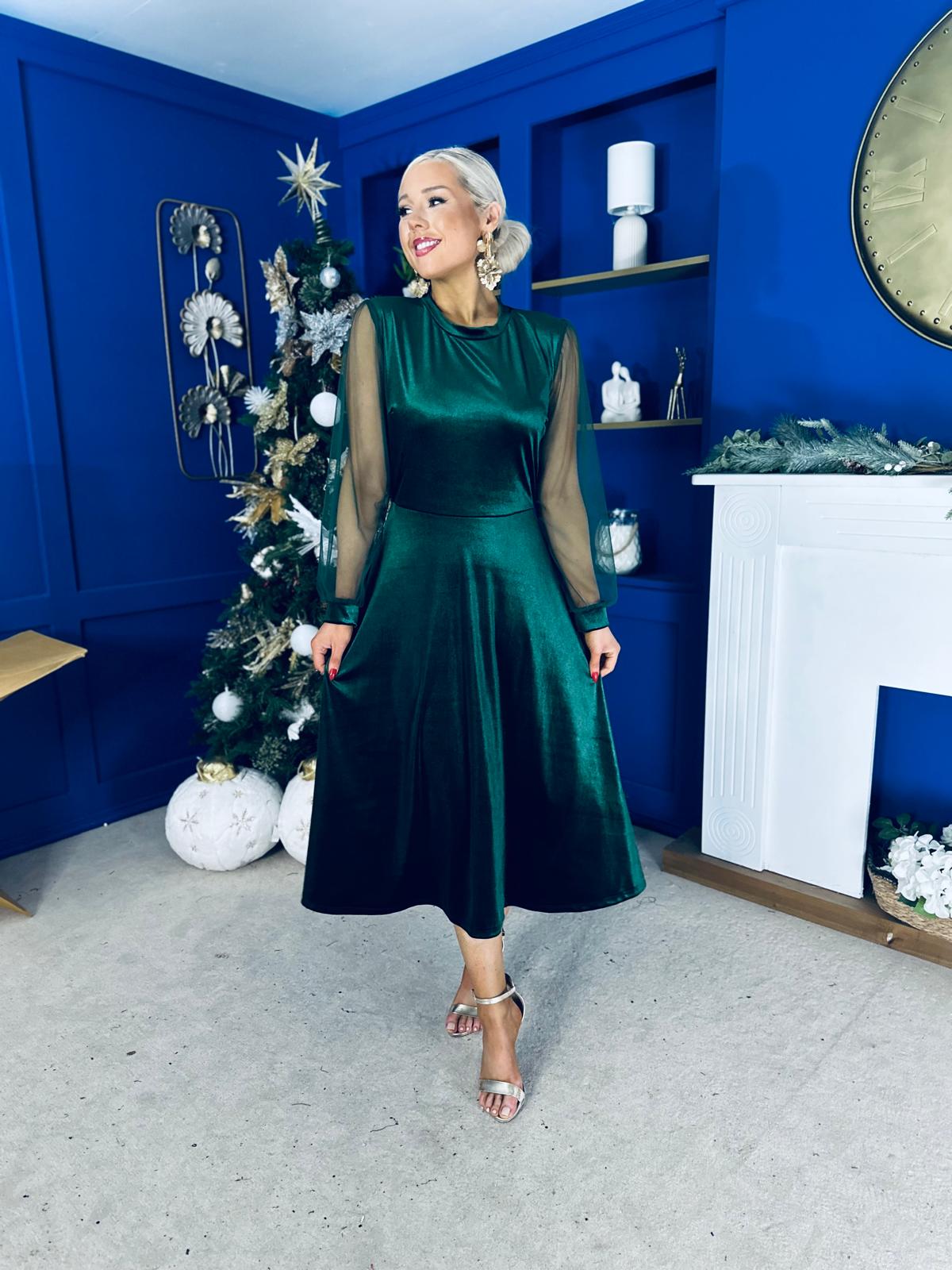Ruth Sheer Sleeve Velvet Midi Dress Forest