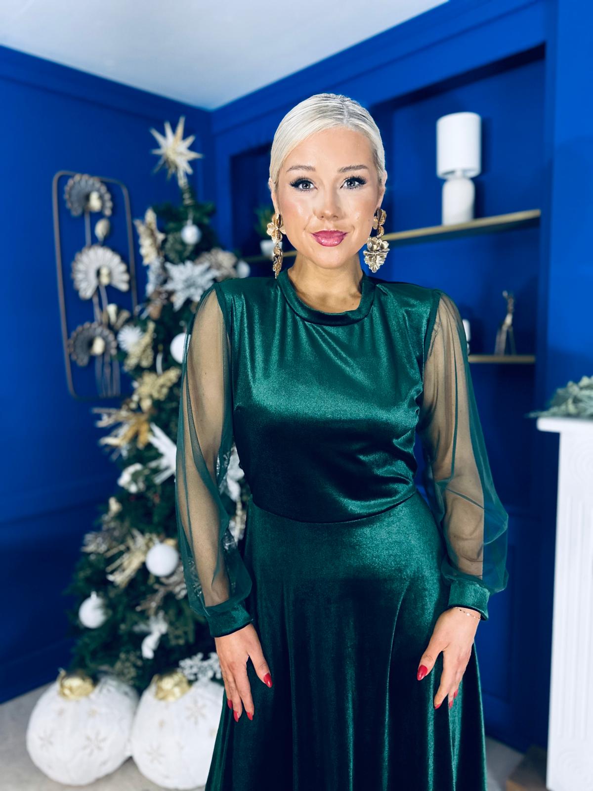 Ruth Sheer Sleeve Velvet Midi Dress Forest