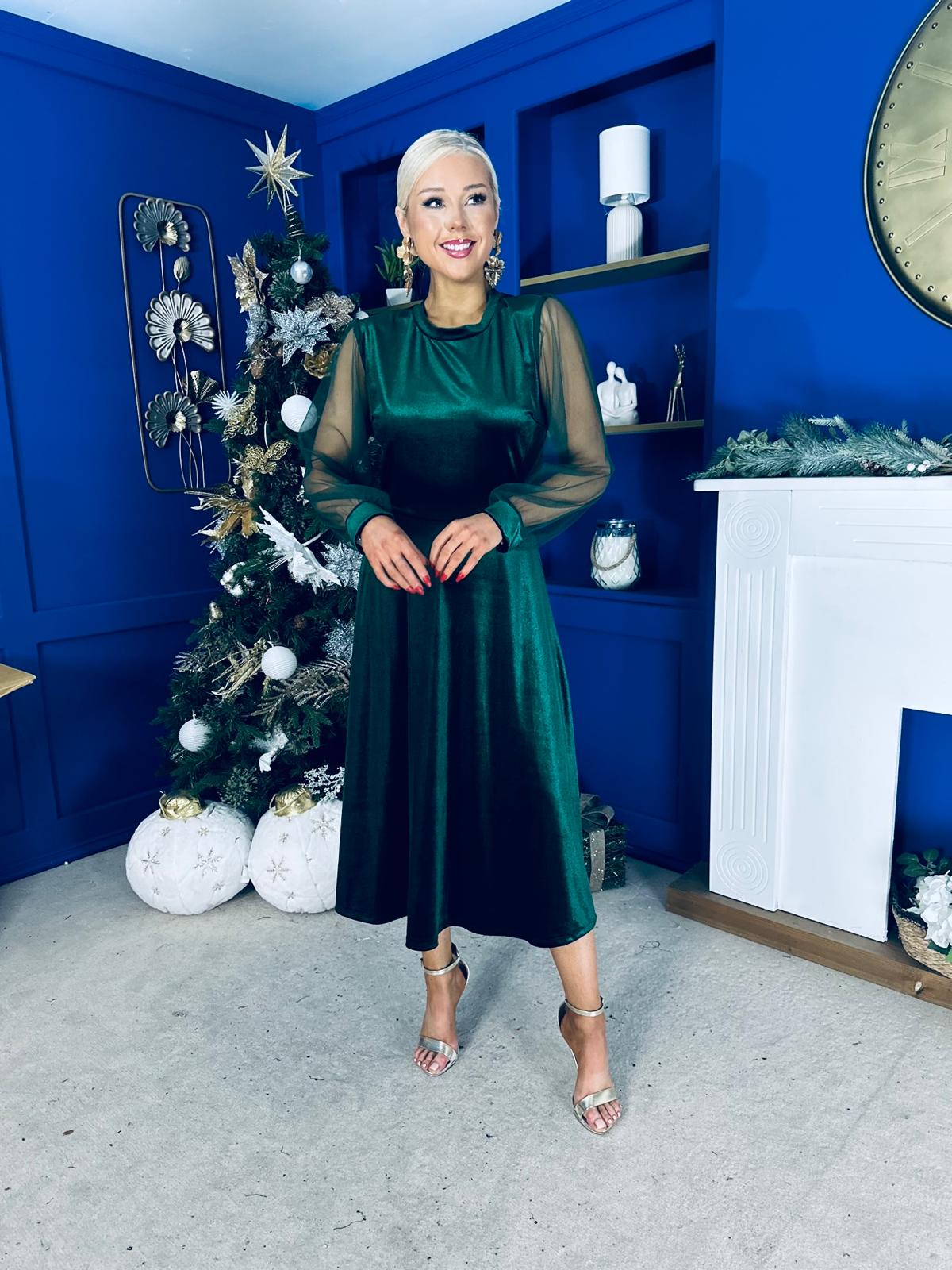 Ruth Sheer Sleeve Velvet Midi Dress Forest