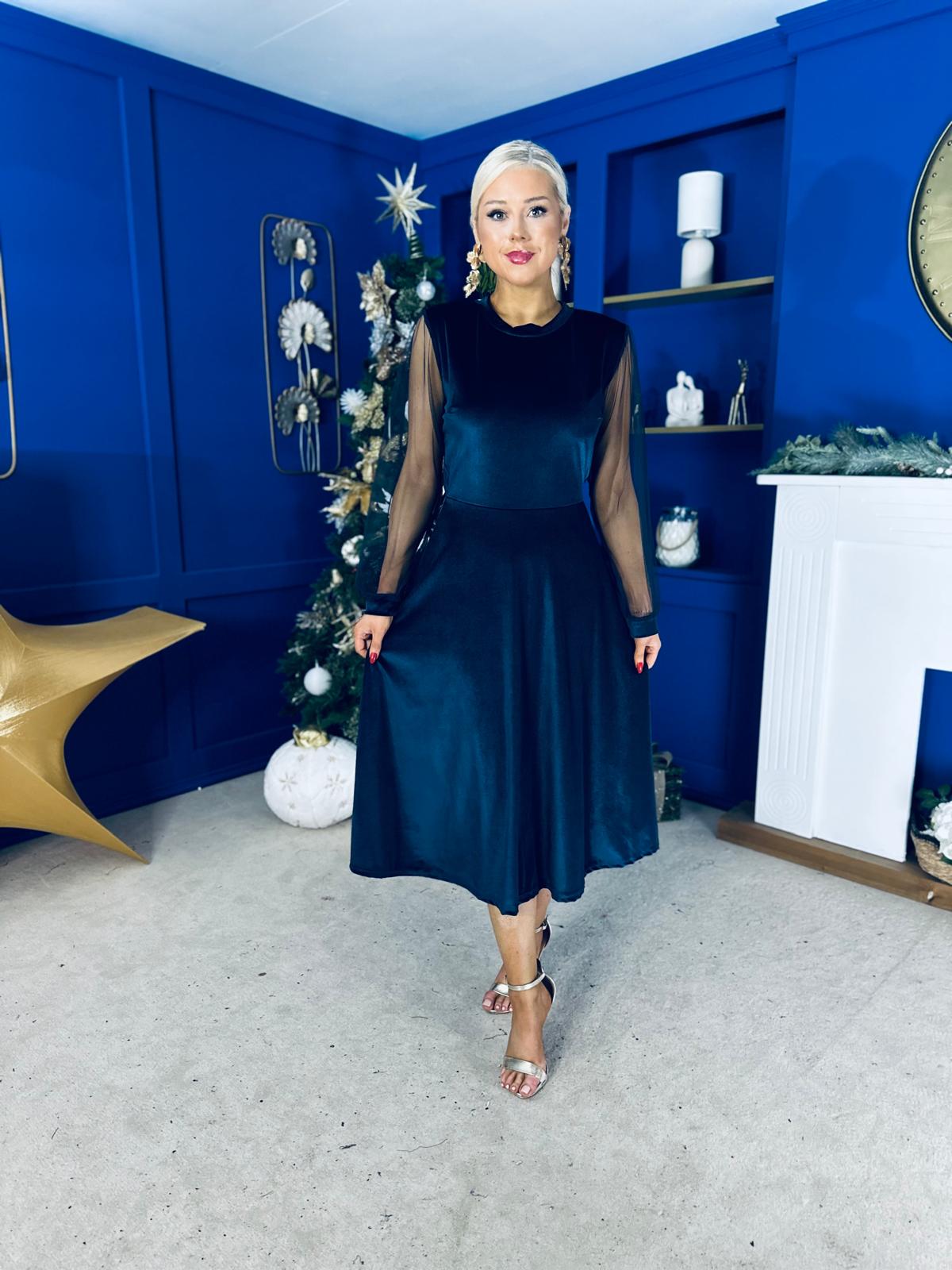 Ruth Sheer Sleeve Velvet Midi Dress Navy