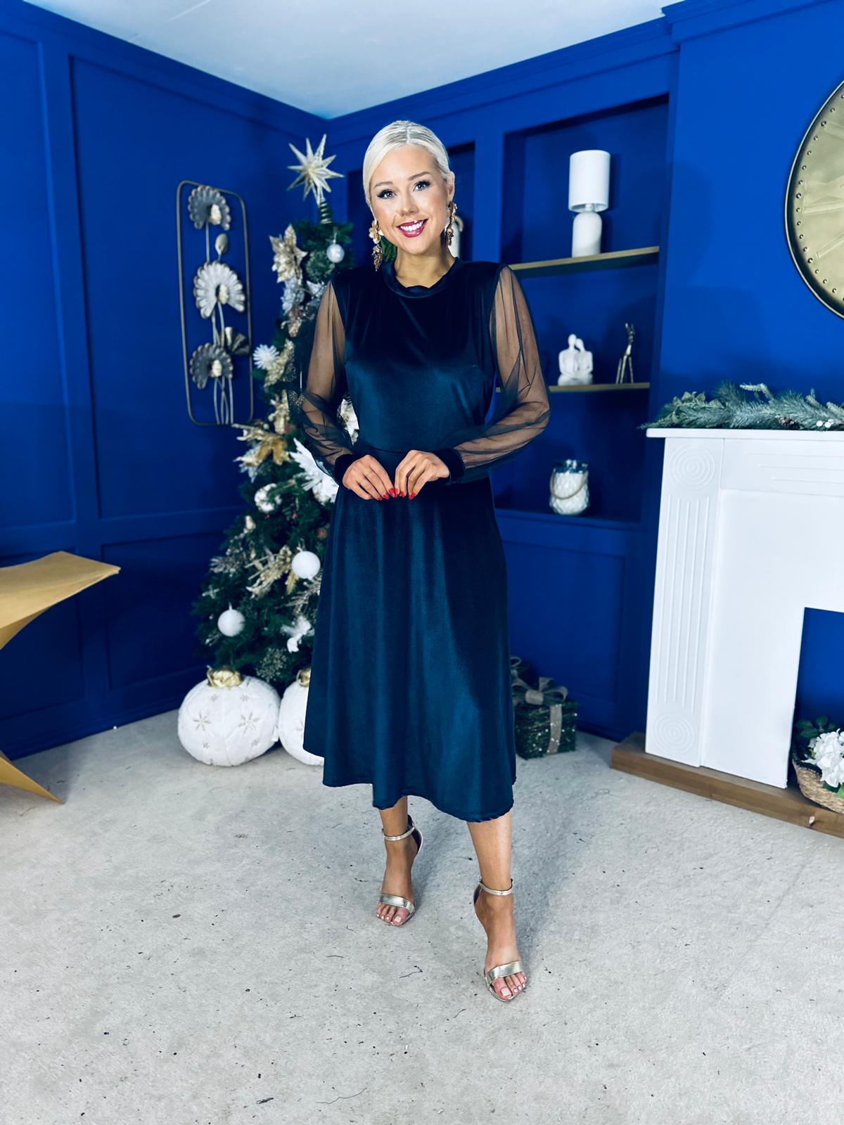 Ruth Sheer Sleeve Velvet Midi Dress Navy