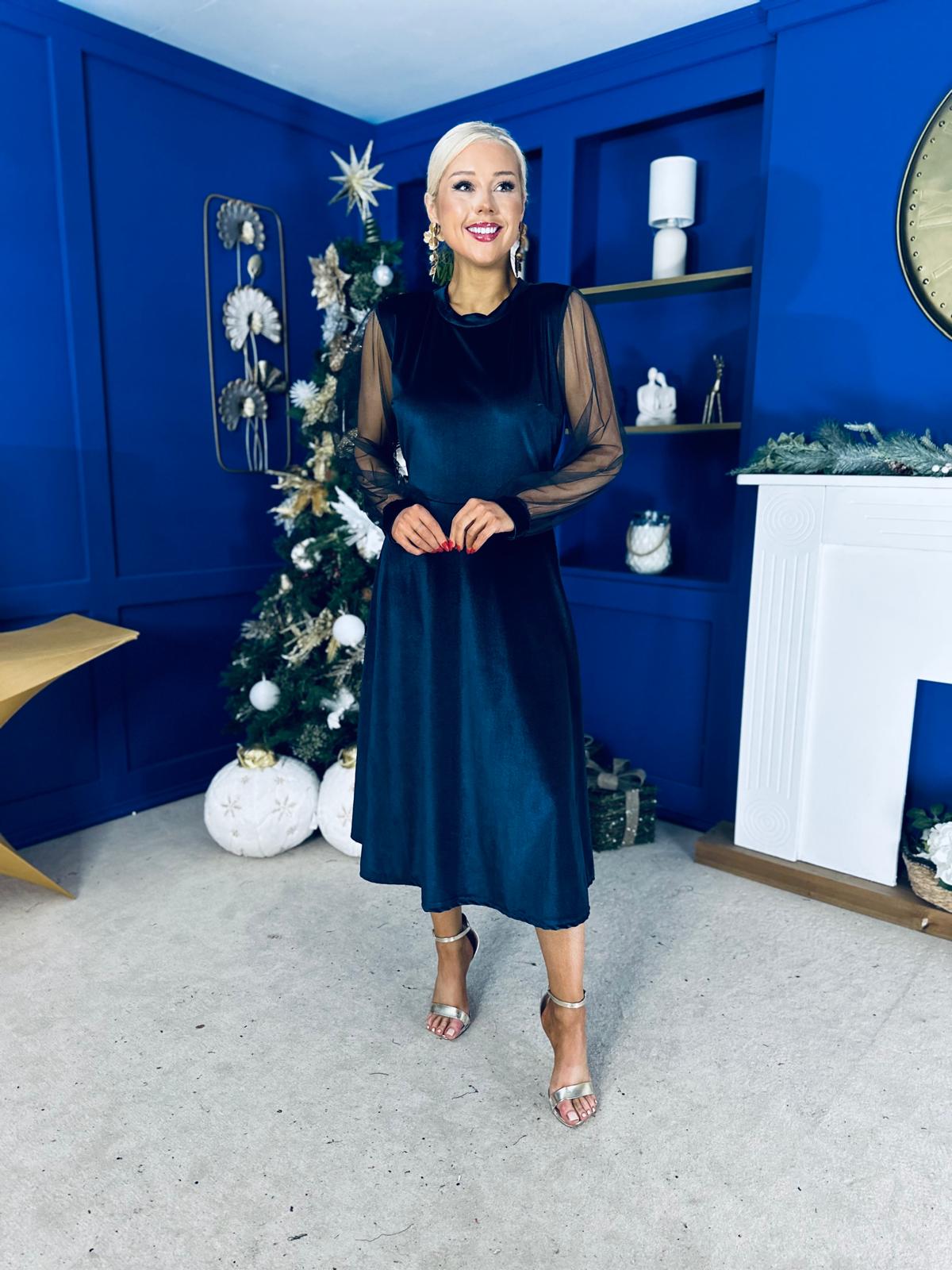 Ruth Sheer Sleeve Velvet Midi Dress Navy