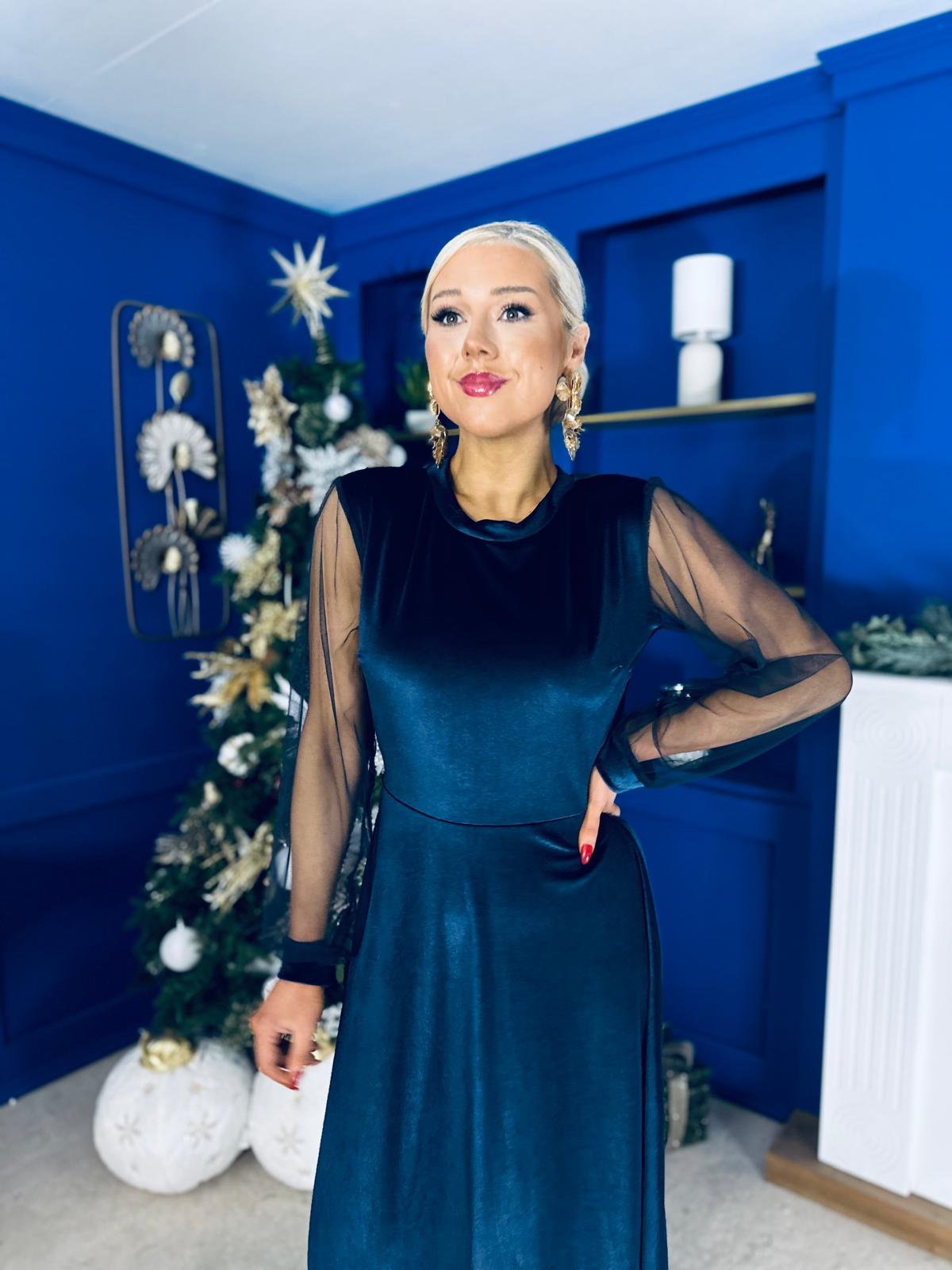 Ruth Sheer Sleeve Velvet Midi Dress Navy