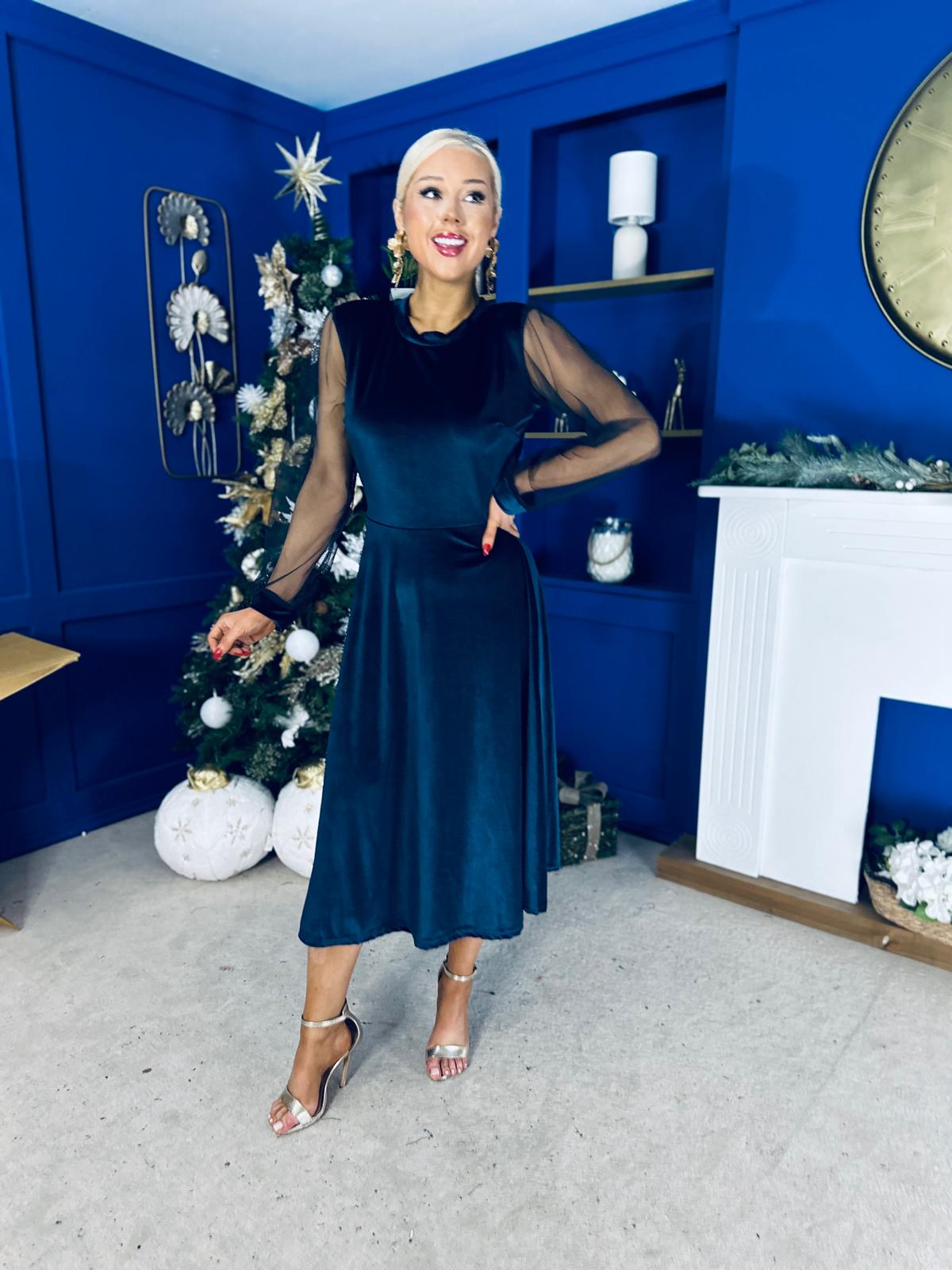 Ruth Sheer Sleeve Velvet Midi Dress Navy