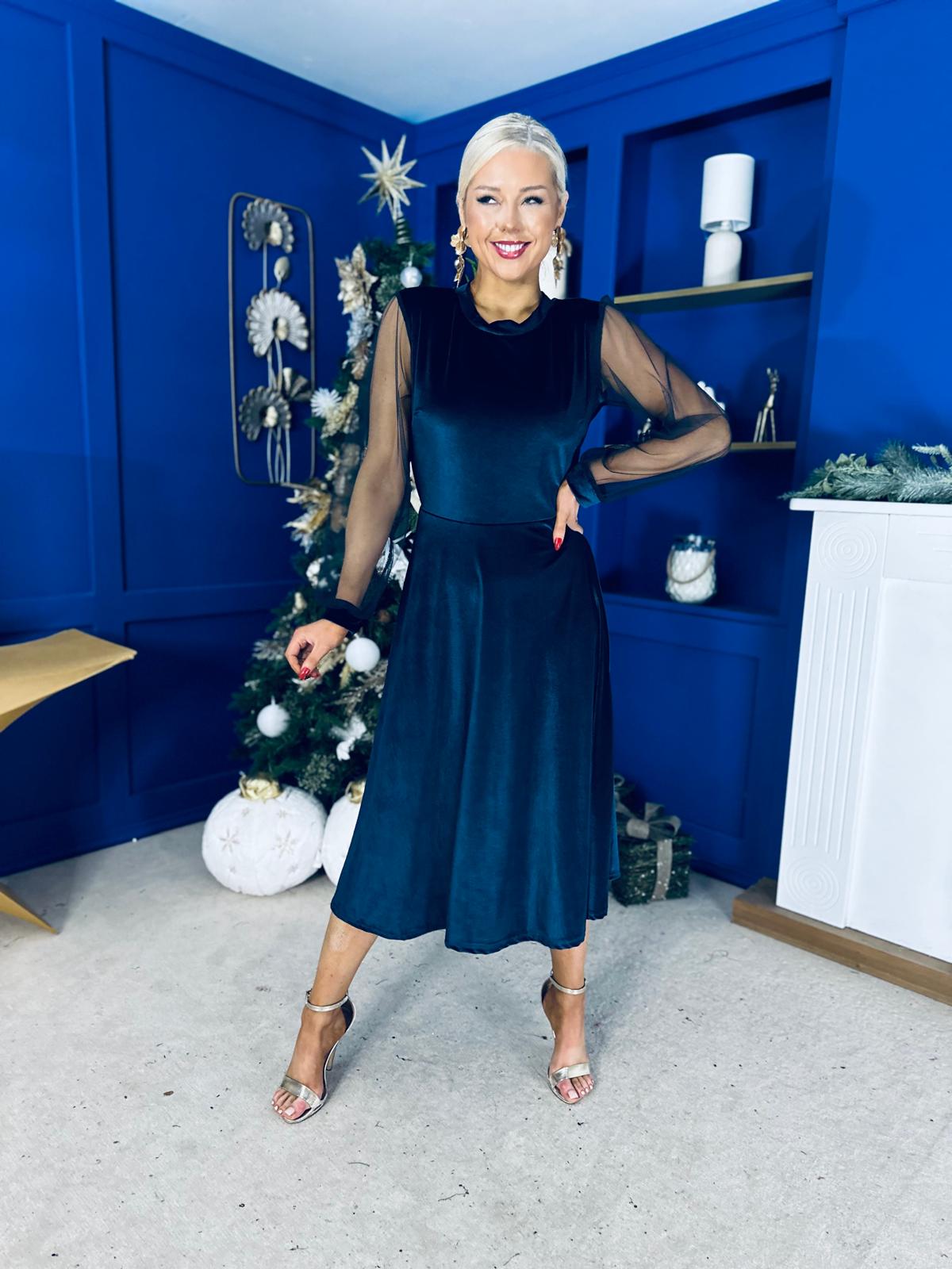 Ruth Sheer Sleeve Velvet Midi Dress Navy