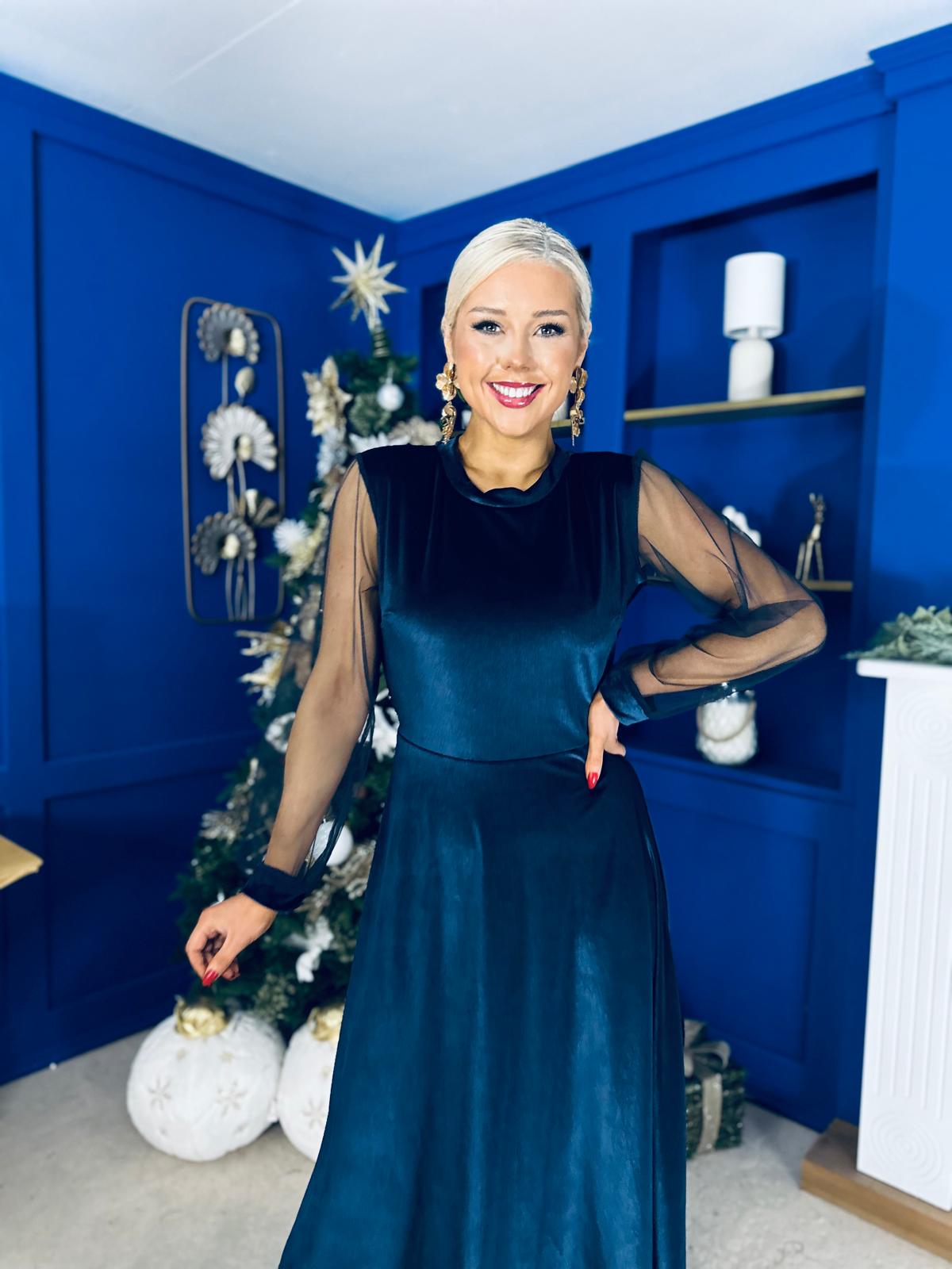 Ruth Sheer Sleeve Velvet Midi Dress Navy