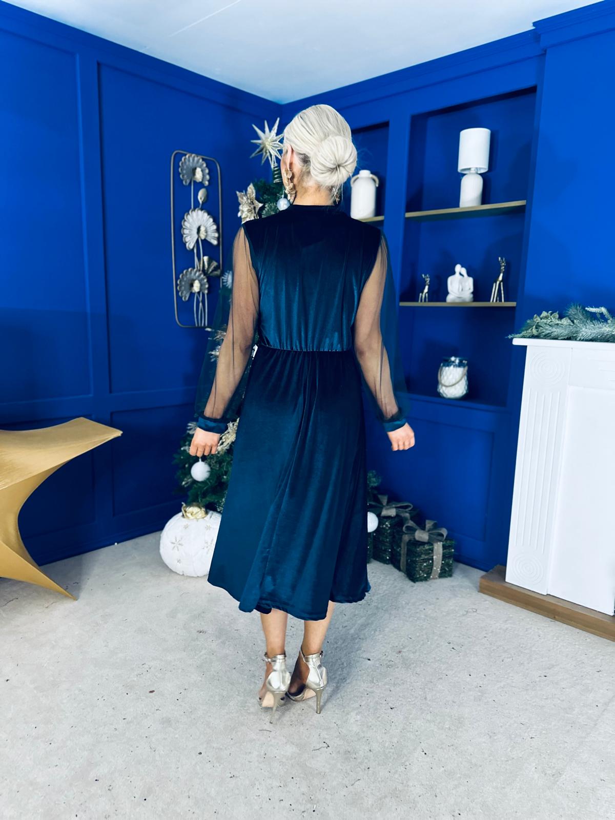 Ruth Sheer Sleeve Velvet Midi Dress Navy