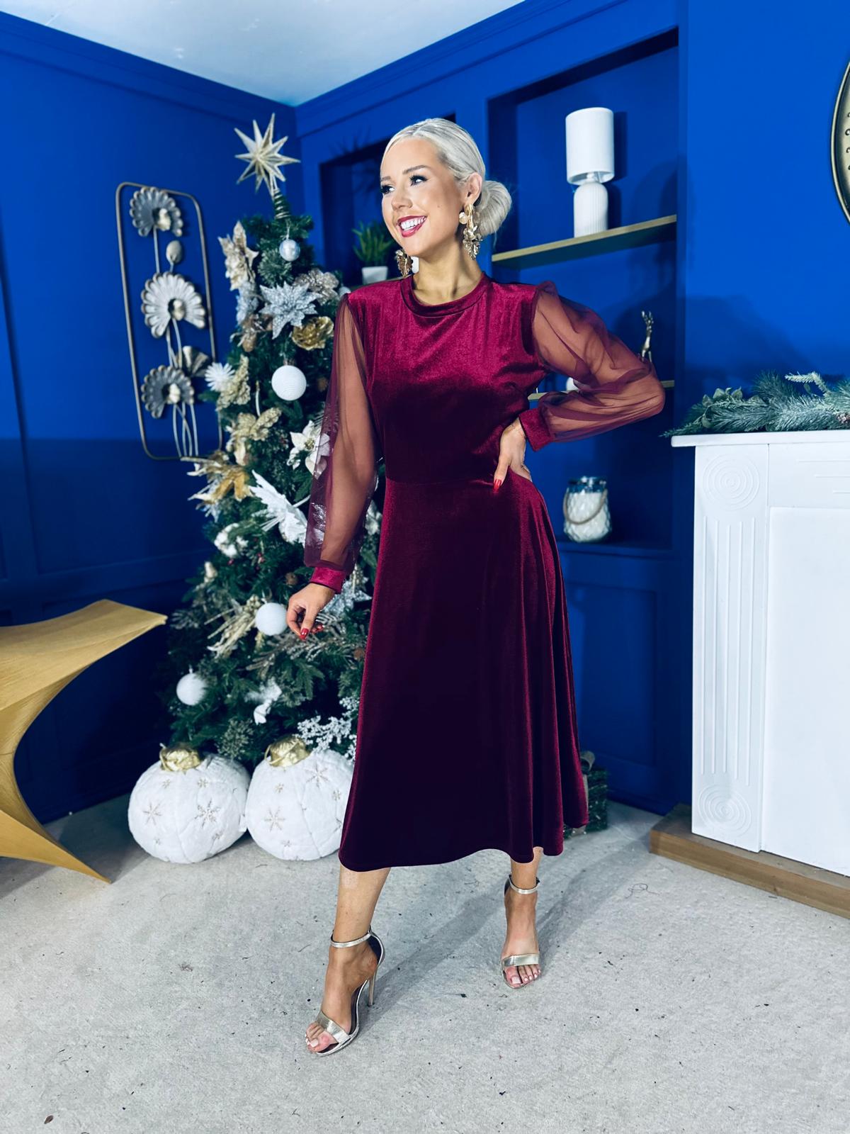 Ruth Sheer Sleeve Velvet Midi Dress Wine