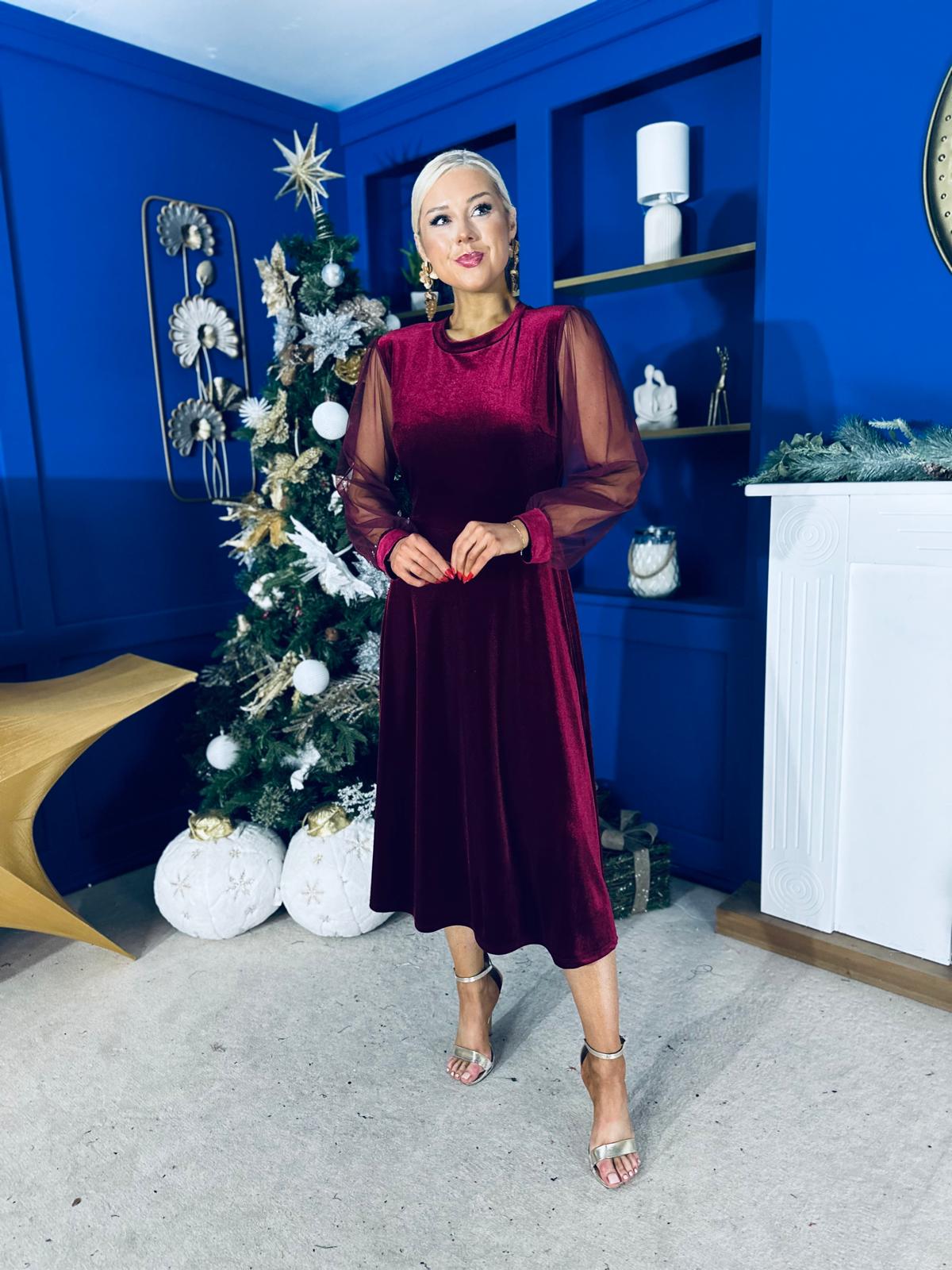 Ruth Sheer Sleeve Velvet Midi Dress Wine