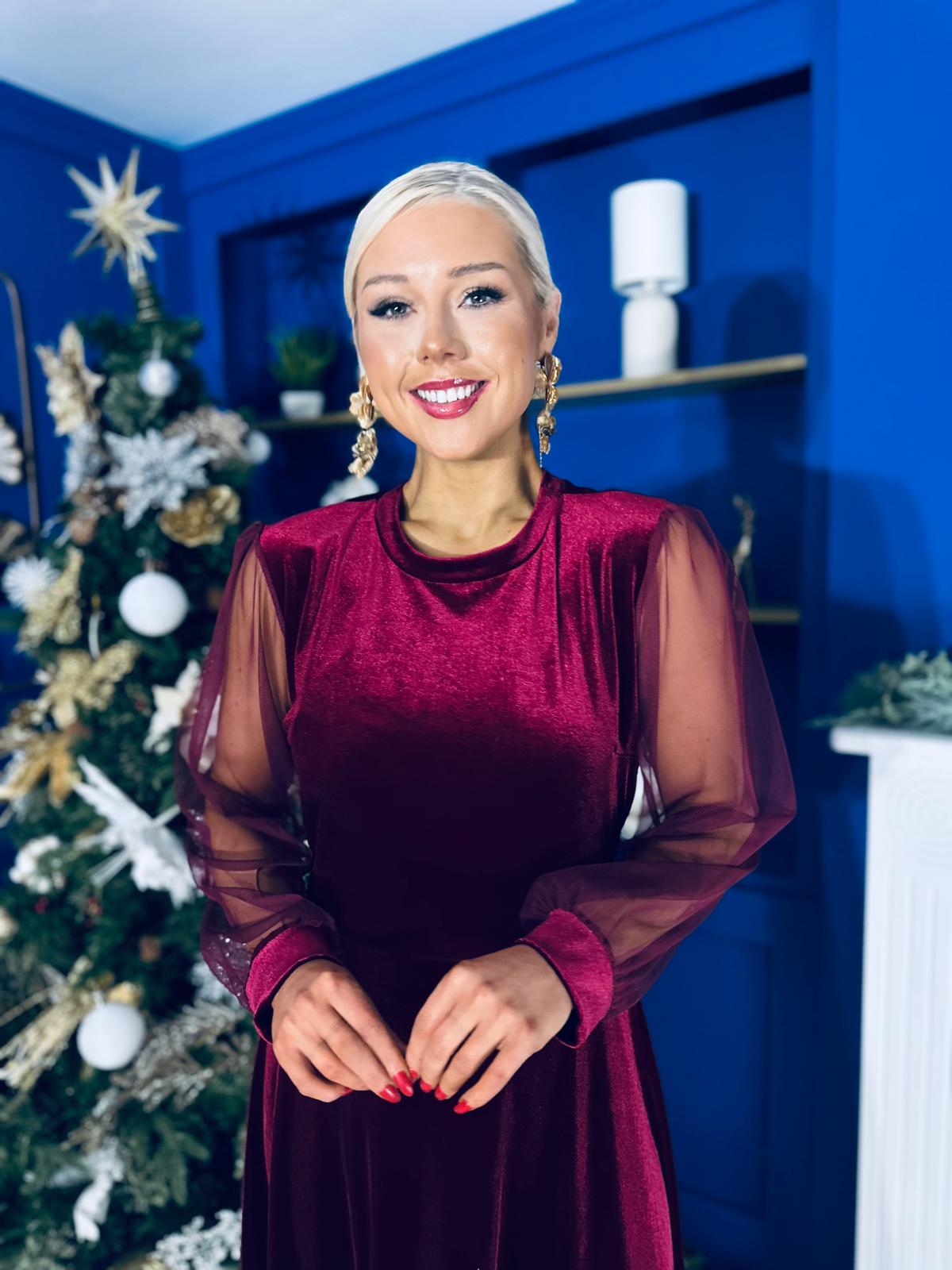 Ruth Sheer Sleeve Velvet Midi Dress Wine