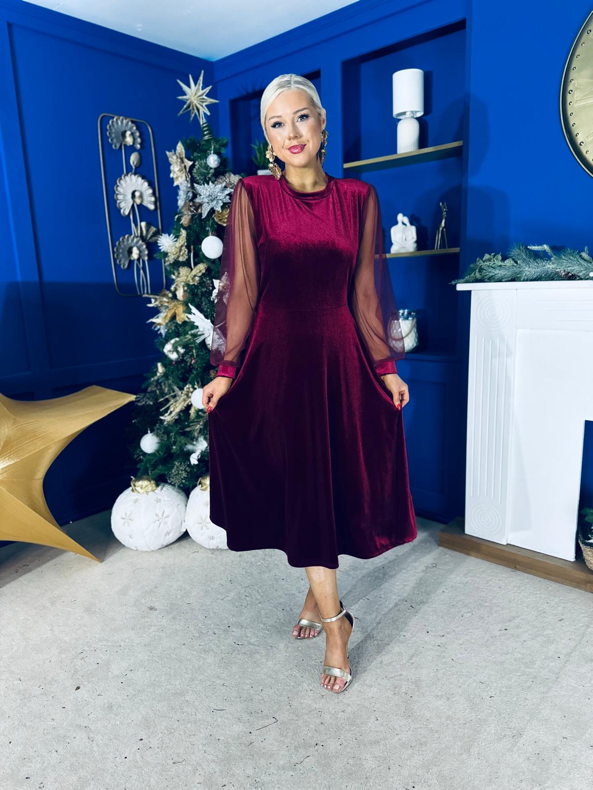 Ruth Sheer Sleeve Velvet Midi Dress Wine