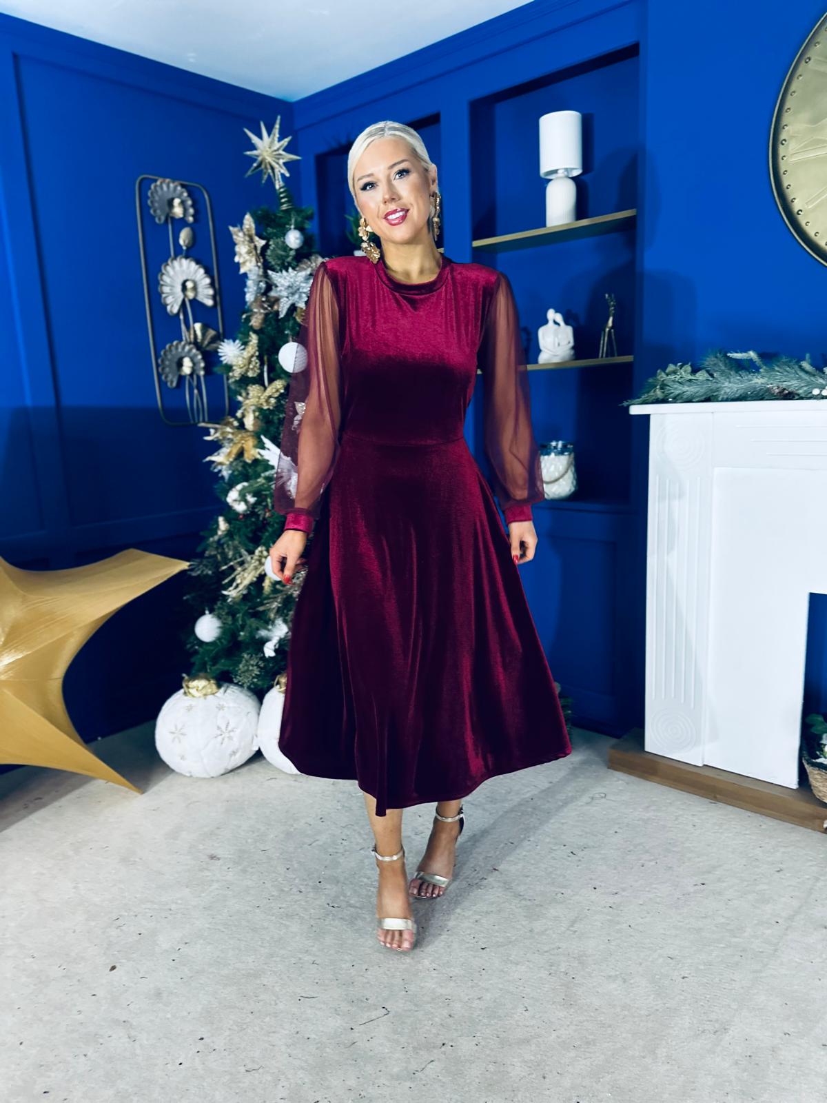 Ruth Sheer Sleeve Velvet Midi Dress Wine