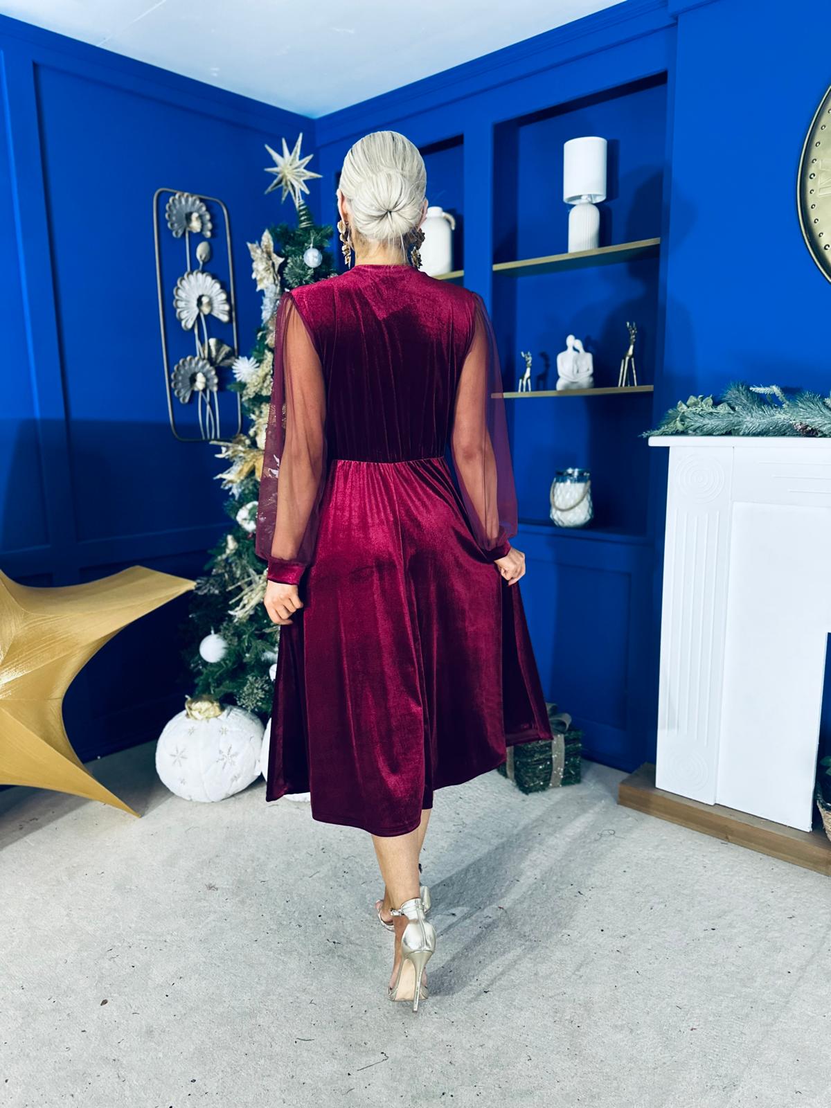 Ruth Sheer Sleeve Velvet Midi Dress Wine