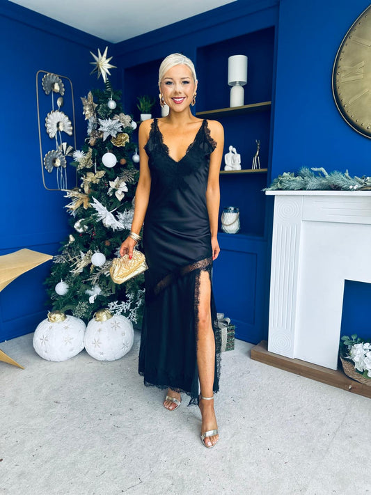 Unis Lace Detail Satin Slinky Dress Black