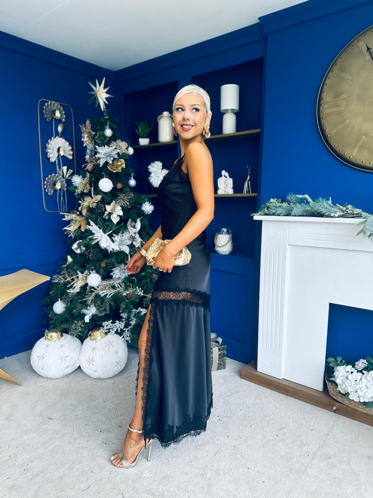 Unis Lace Detail Satin Slinky Dress Black