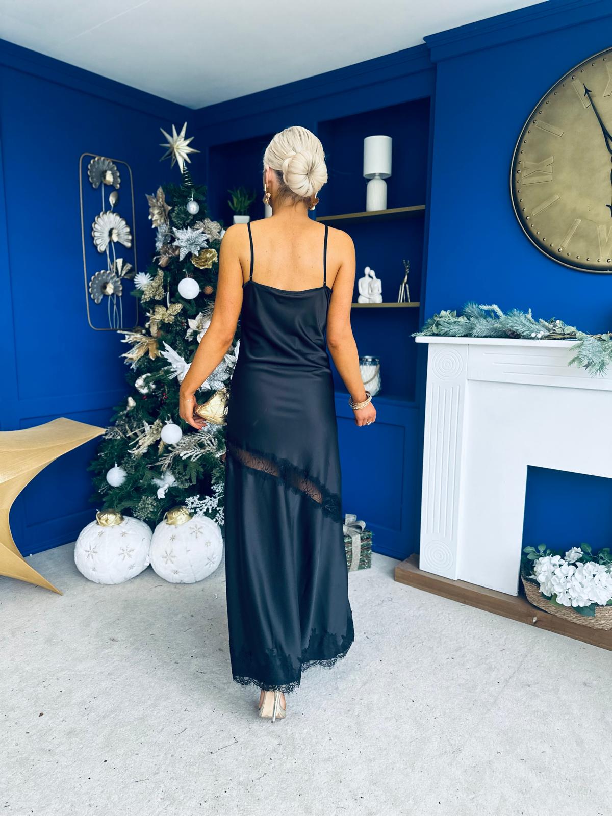 Unis Lace Detail Satin Slinky Dress Black