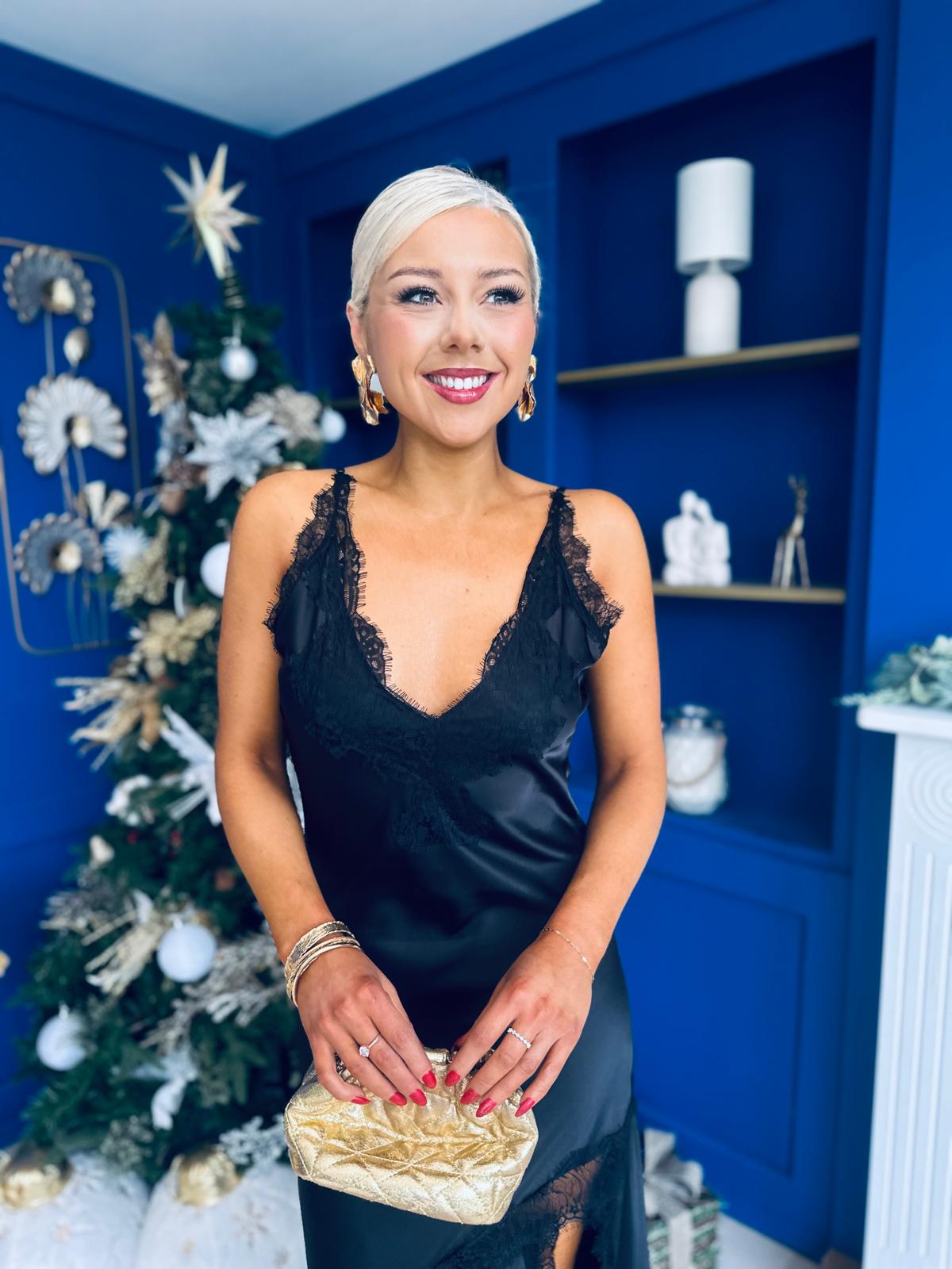 Unis Lace Detail Satin Slinky Dress Black