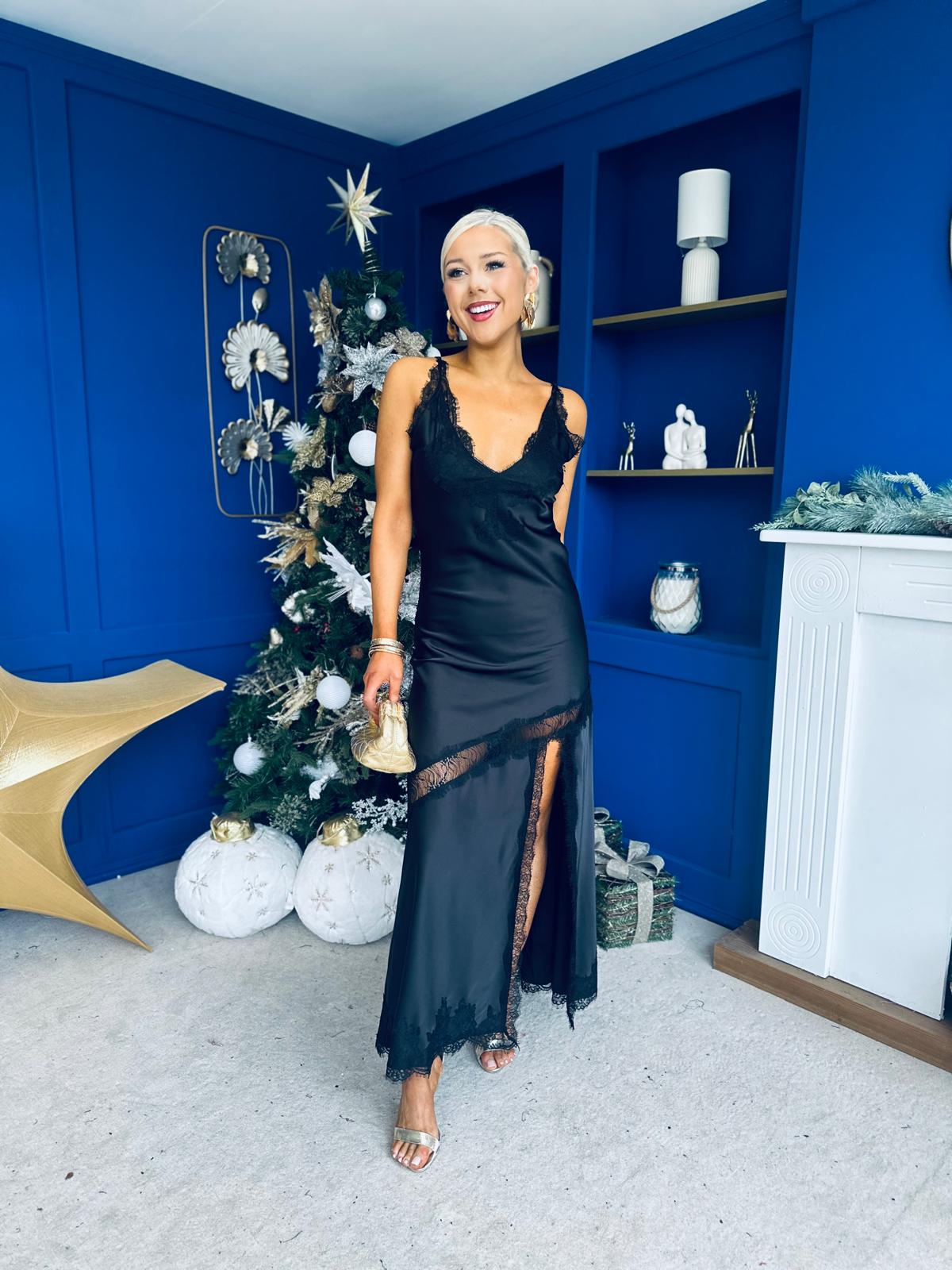 Unis Lace Detail Satin Slinky Dress Black