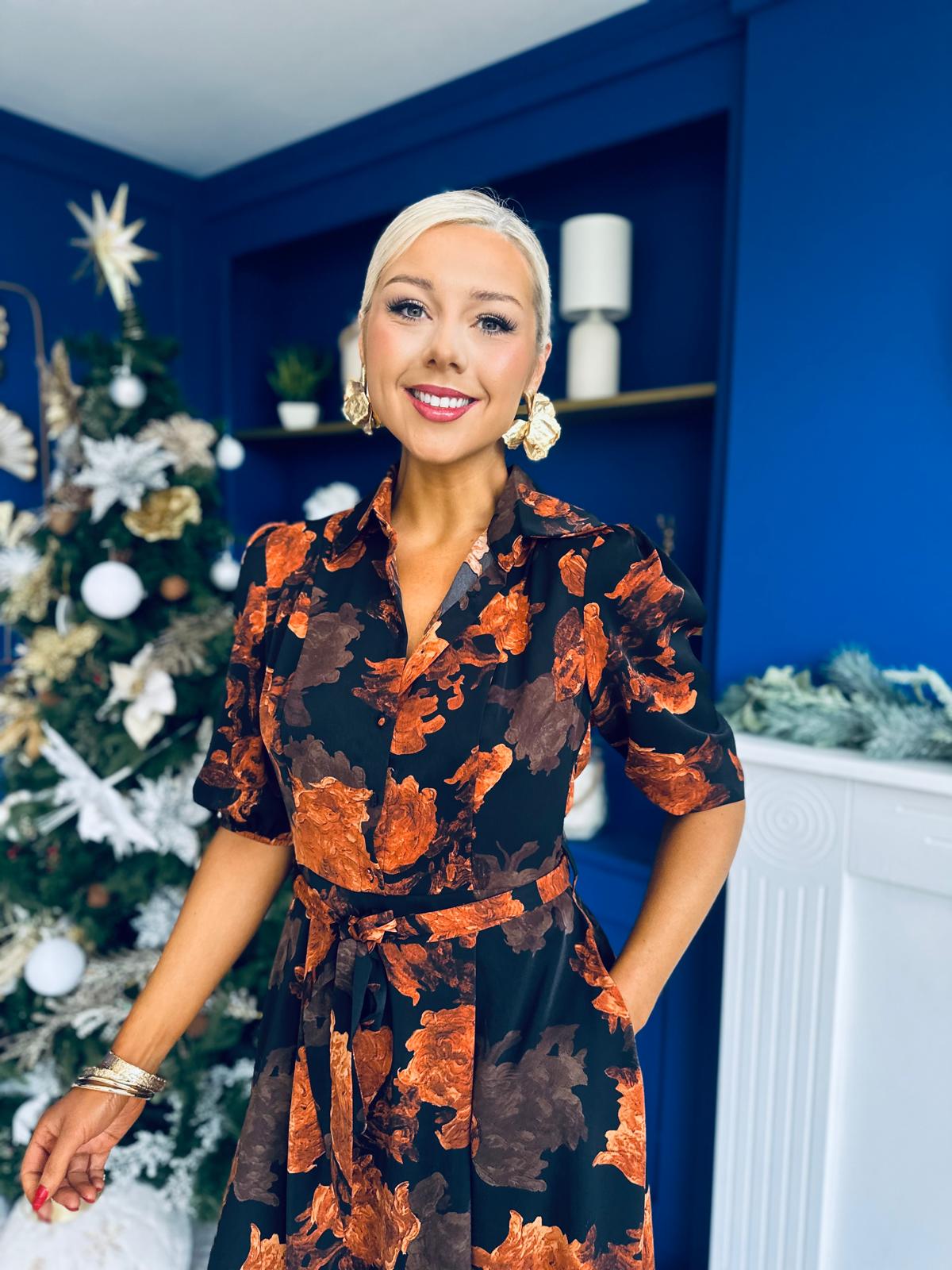 Holland Collar Midi Dress Black & Amber