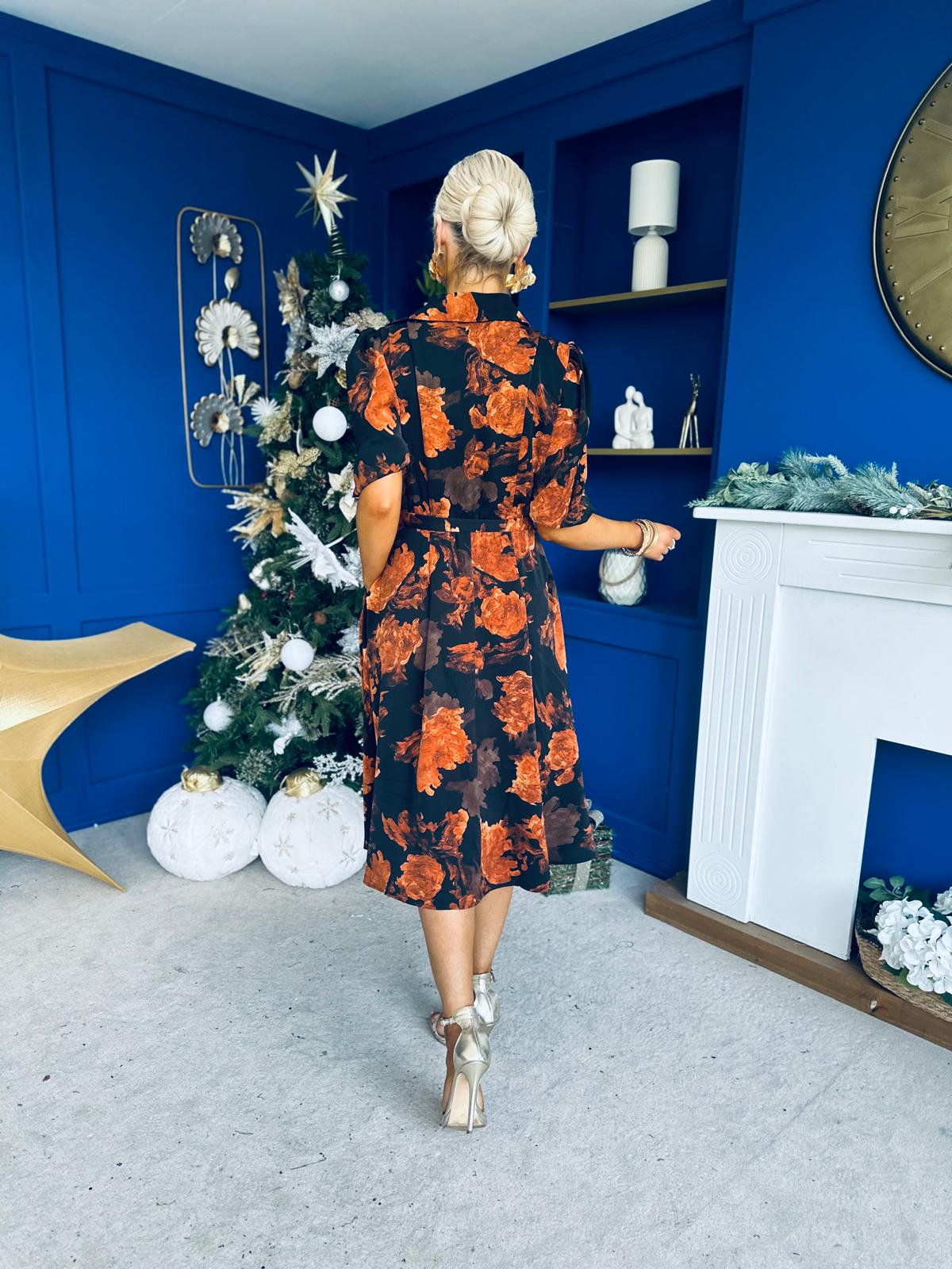 Holland Collar Midi Dress Black & Amber