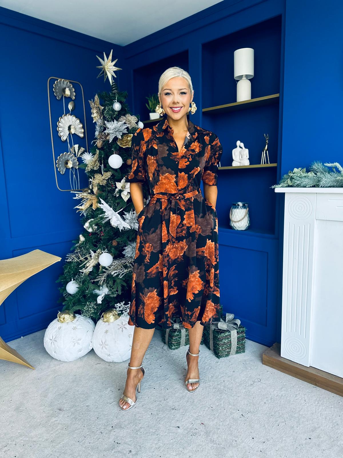 Holland Collar Midi Dress Black & Amber