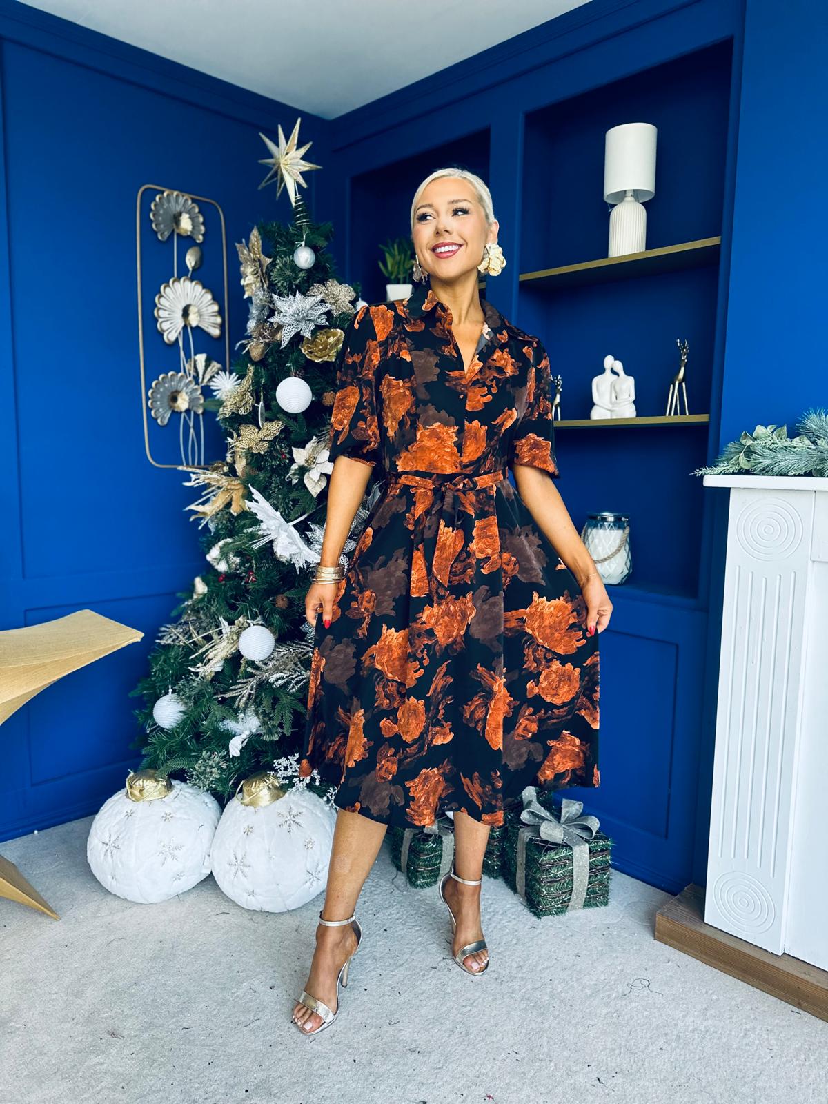 Holland Collar Midi Dress Black & Amber