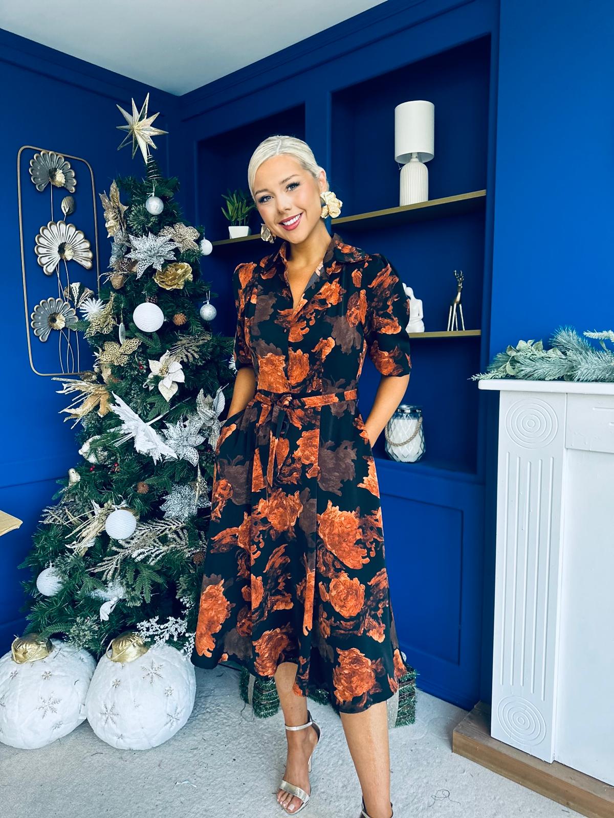 Holland Collar Midi Dress Black & Amber