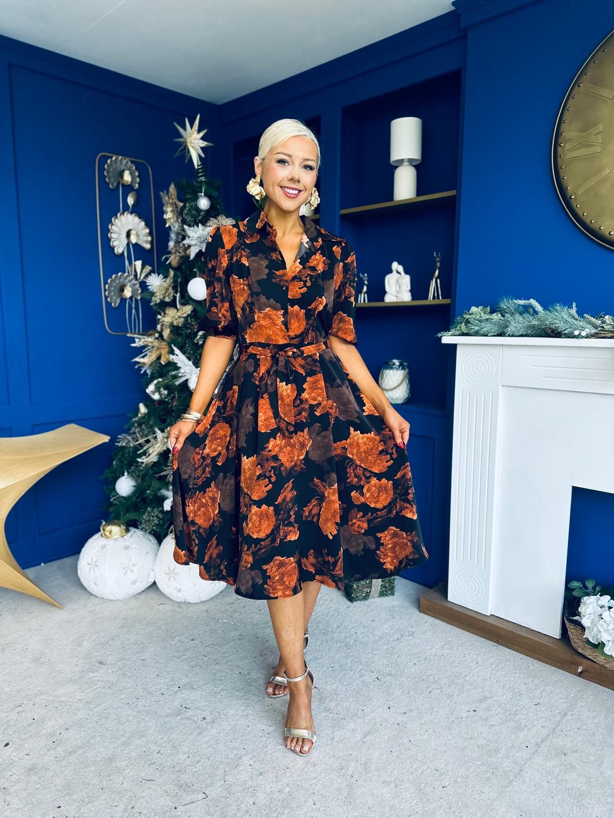 Holland Collar Midi Dress Black & Amber