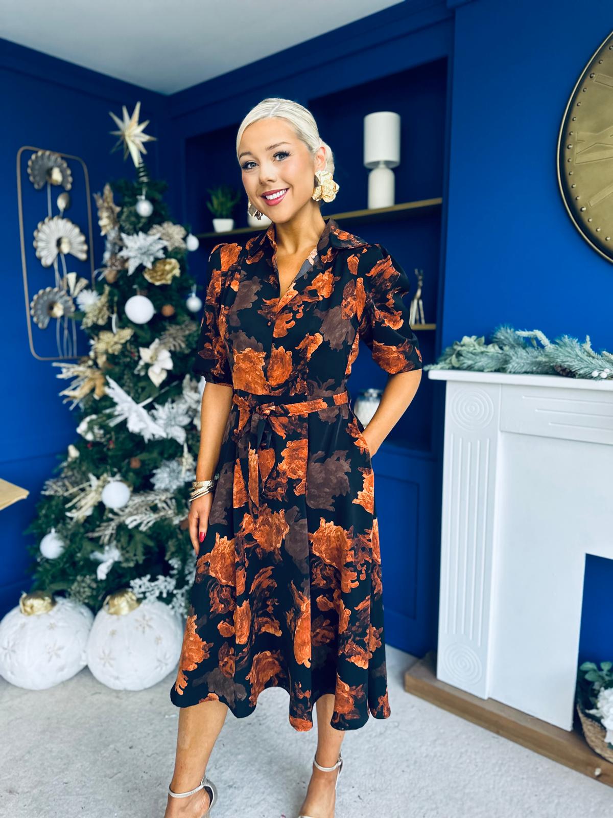 Holland Collar Midi Dress Black & Amber