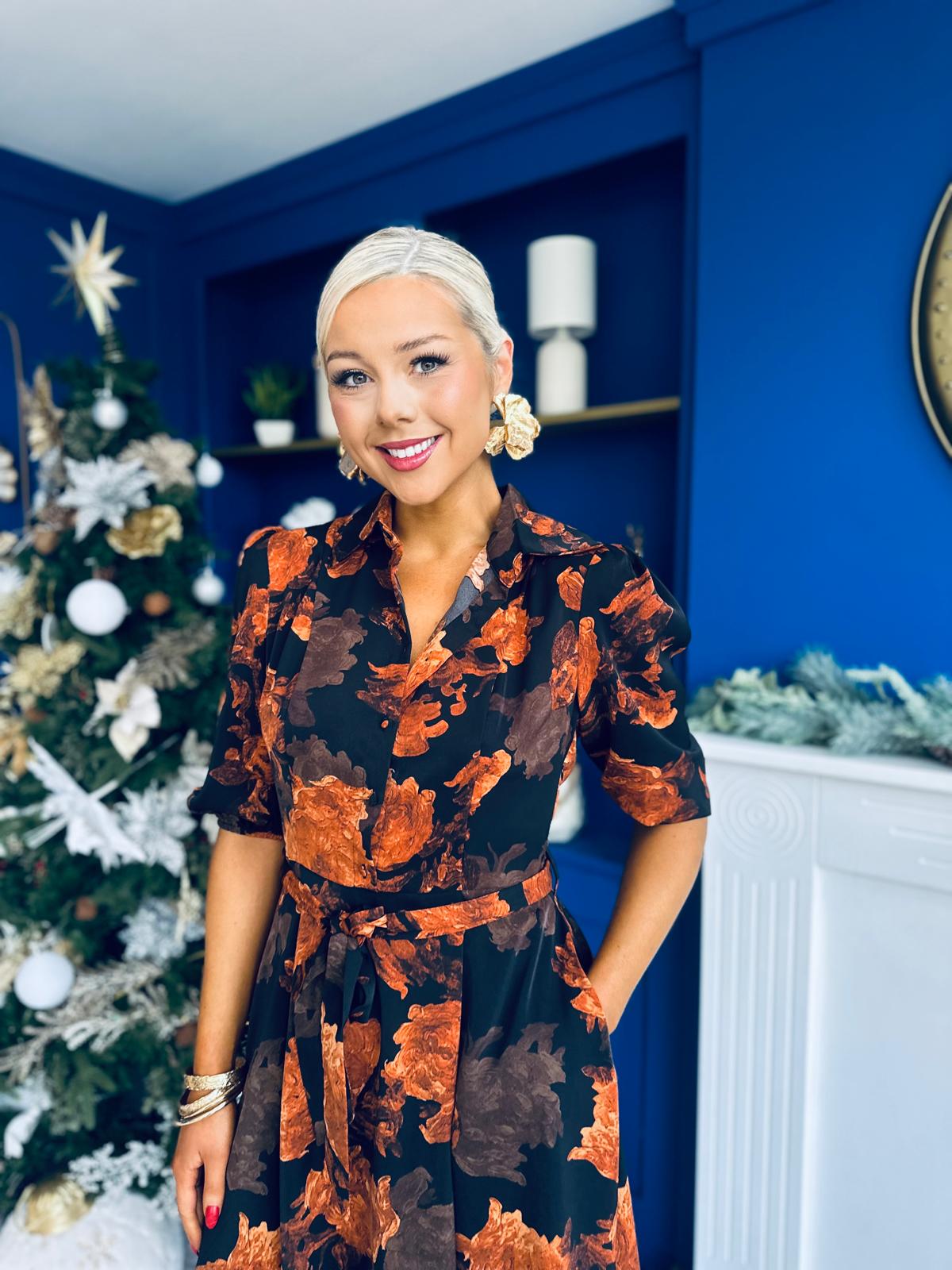 Holland Collar Midi Dress Black & Amber